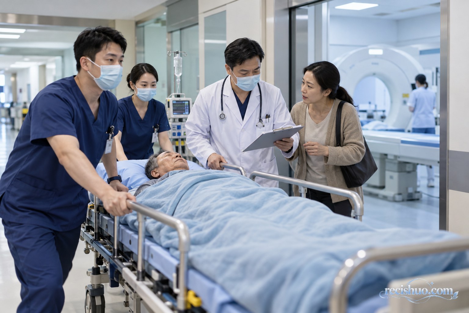 急诊医护团队将患者送往影像检查区并向家属了解病情