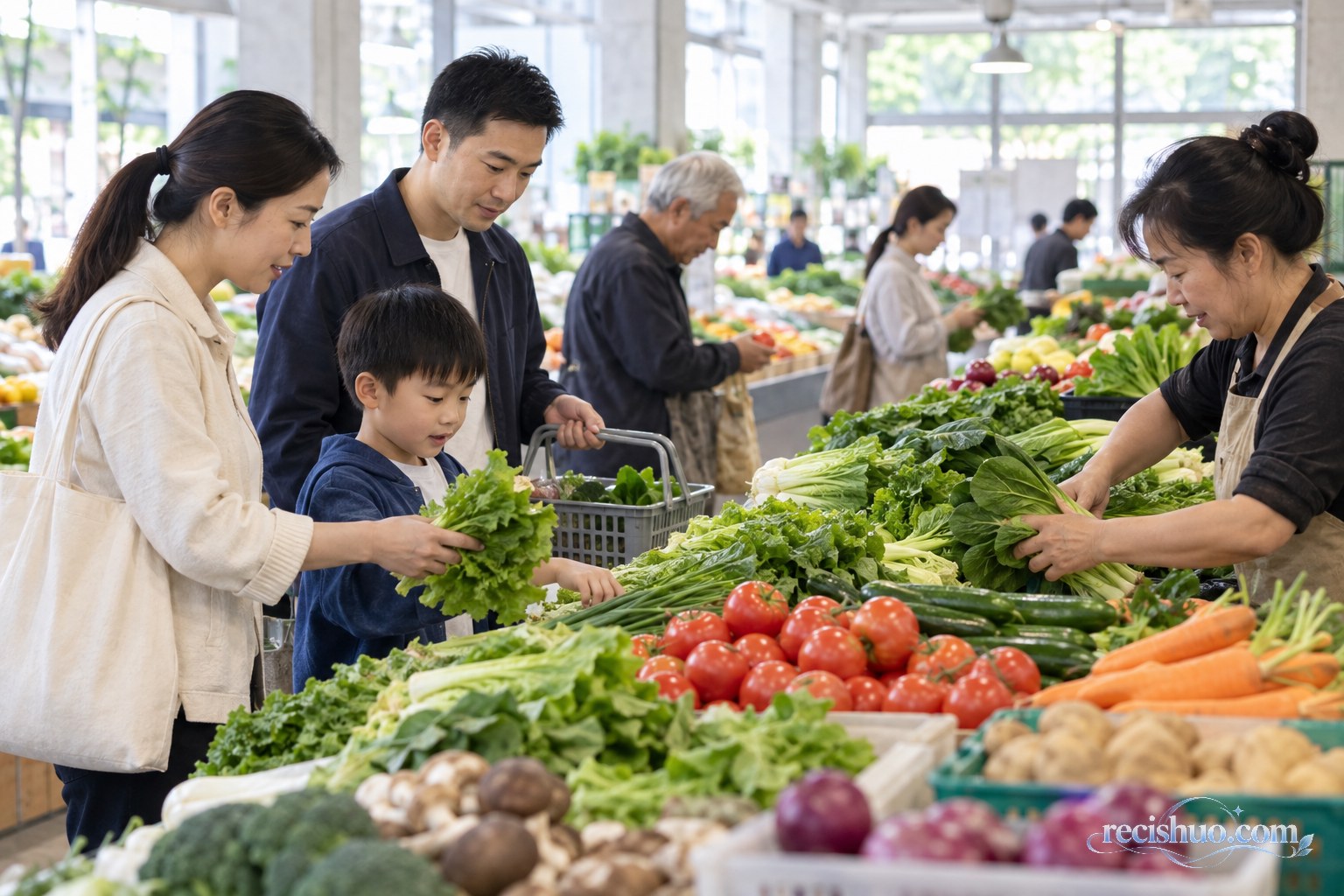 社区生鲜市场内,居民正在选购蔬菜等日常生活用品