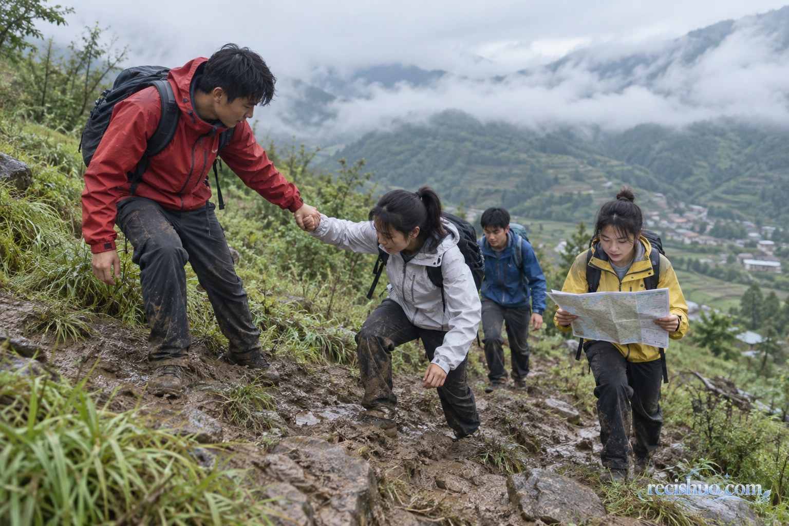 青年团队在雨后山路上相互扶持并查看路线图