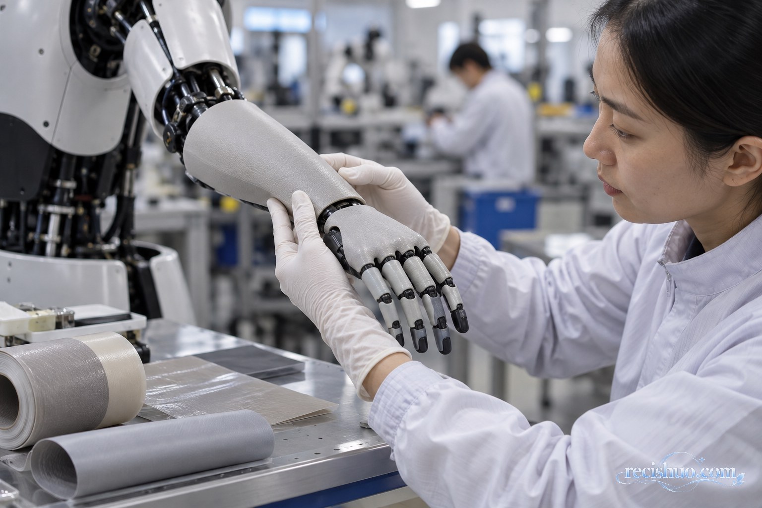 技术人员在机器人实验室检查覆盖柔性触觉材料的机械臂