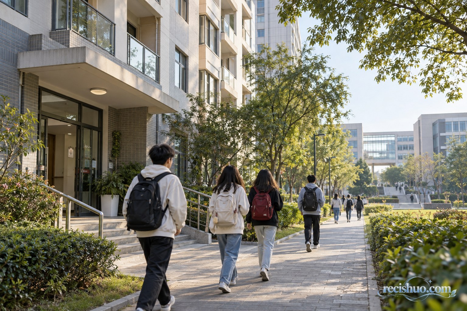 学生从住宅式公寓沿林荫步道前往大学教学区