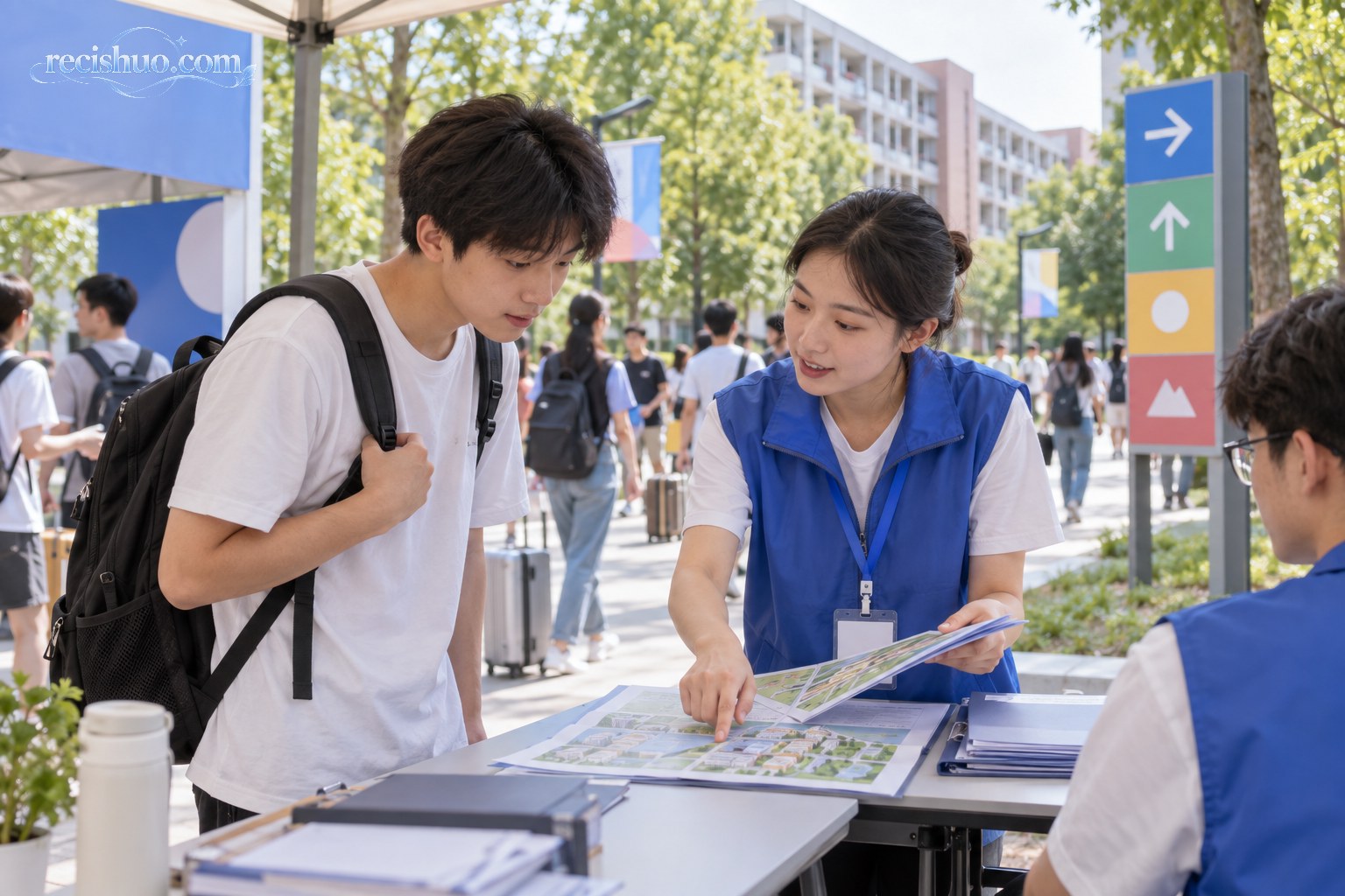 大学新生在校园服务点向志愿者核对报到流程