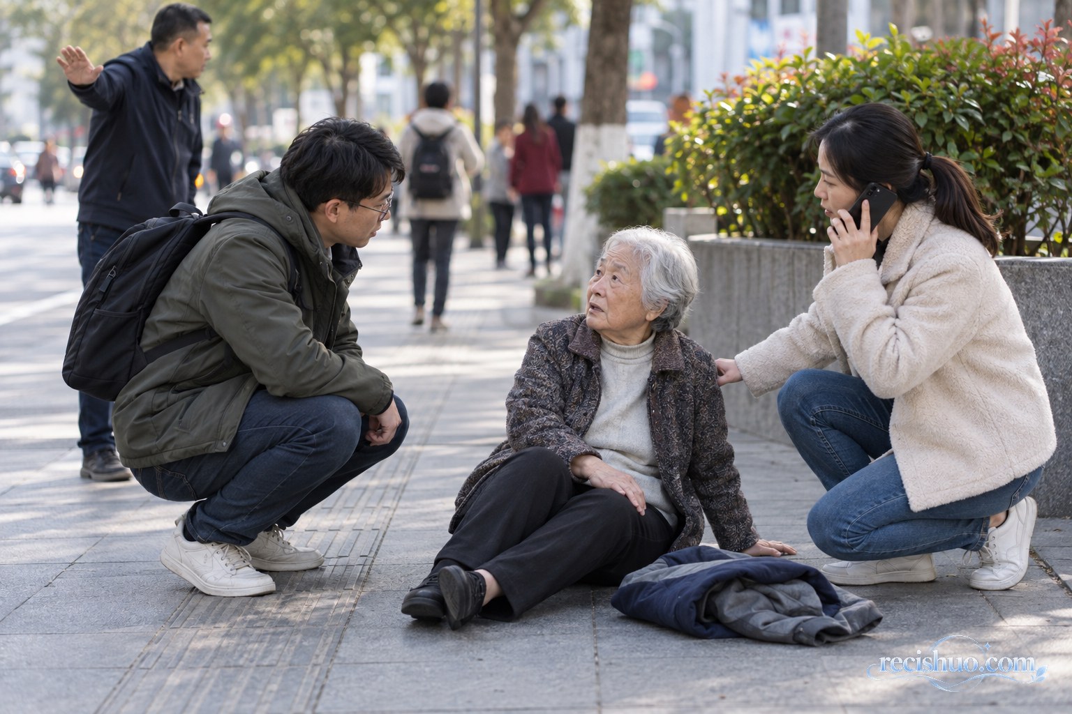 路人陪伴摔倒老人并拨打急救电话、提醒行人绕行（情景示意）