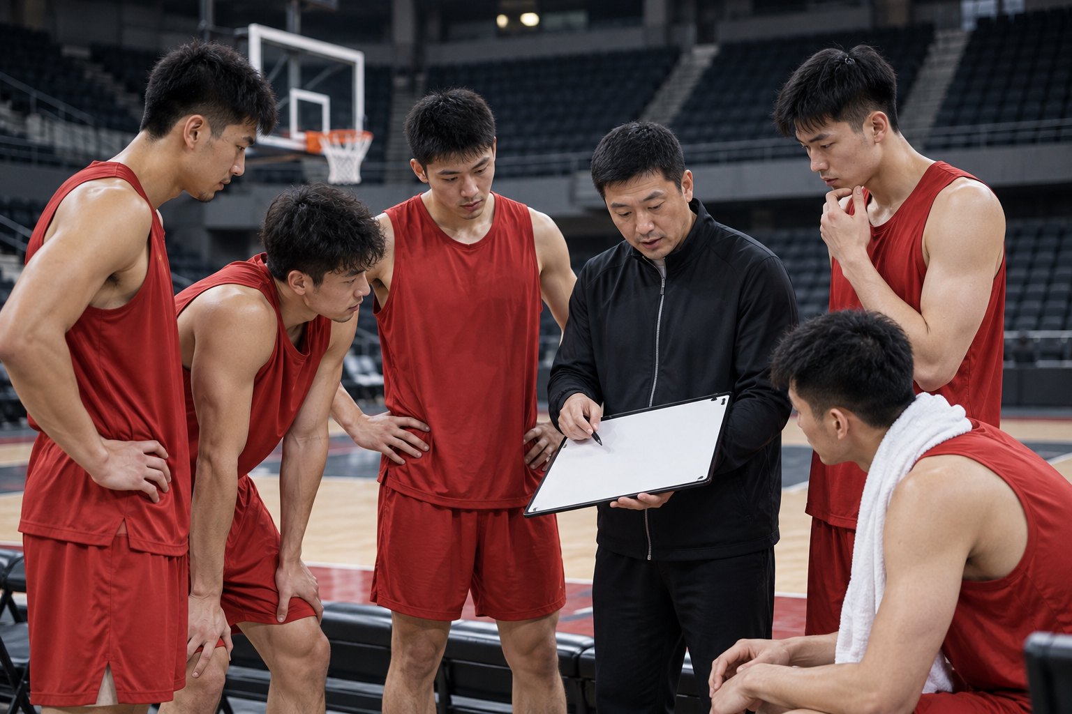 教练在空白战术板前与红衣篮球运动员进行赛后复盘