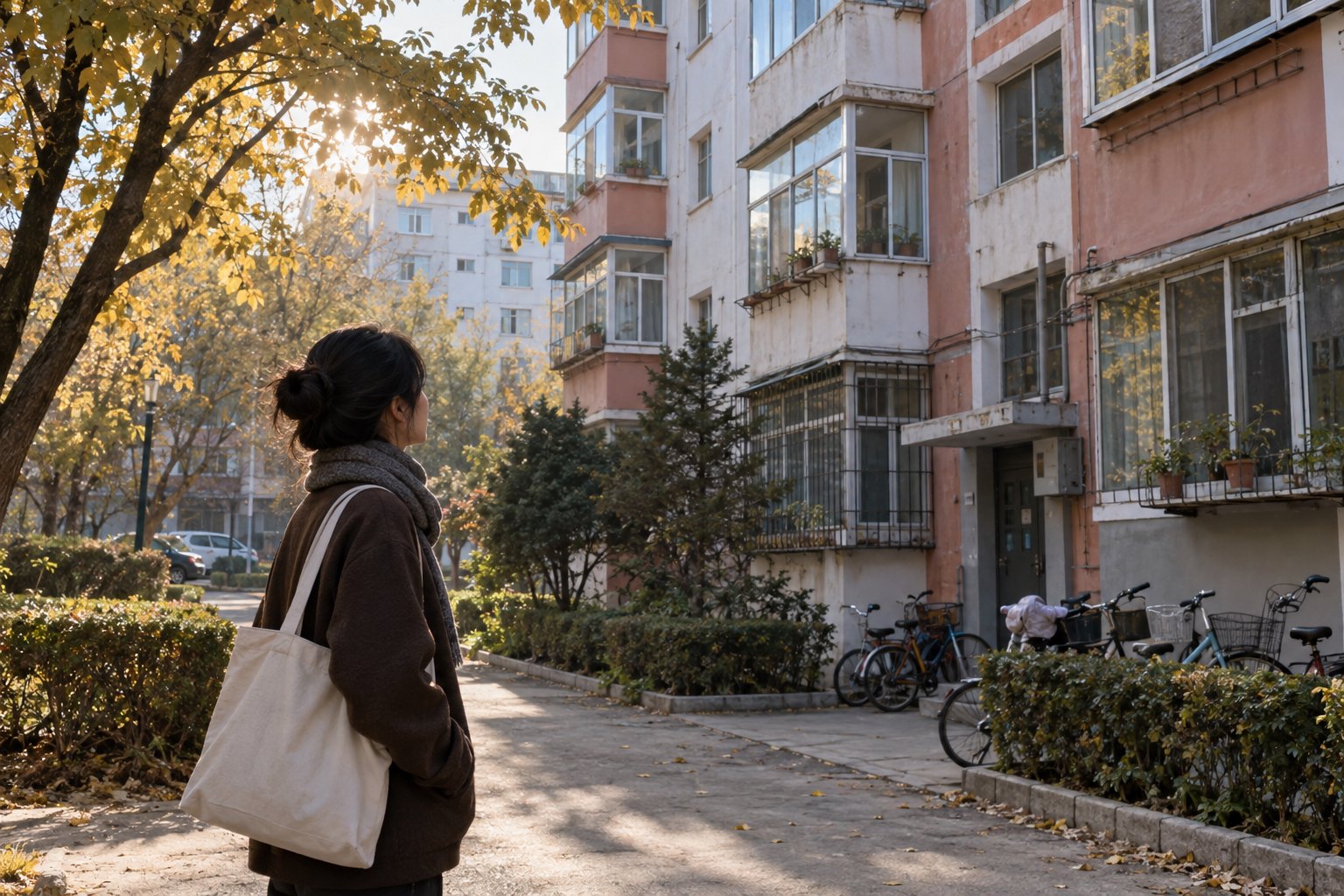 年轻女子在秋日清晨的东北老旧住宅小区内观察楼房