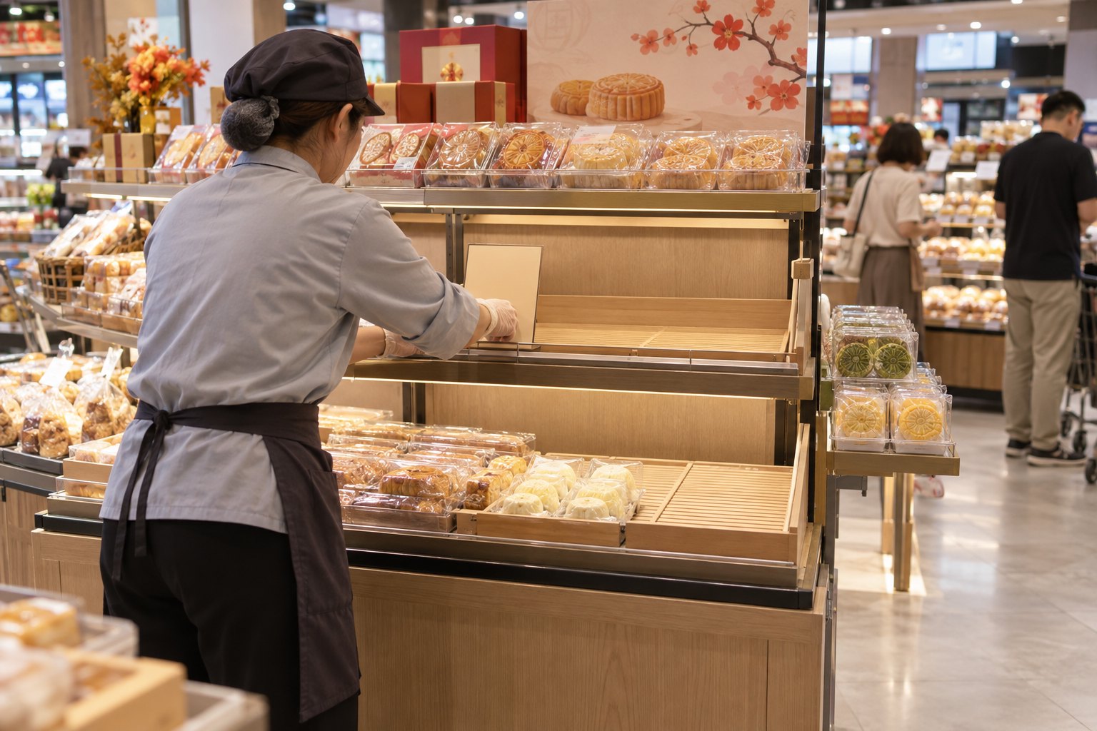 超市店员在正常营业的糕点区整理局部空置货架