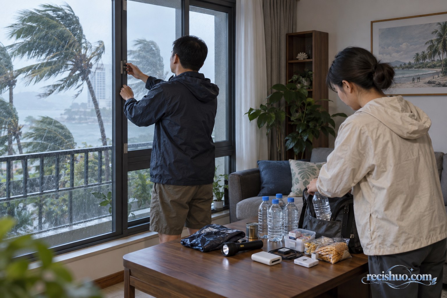 居民在强风雨到来前检查窗户并整理饮水和照明等应急物品