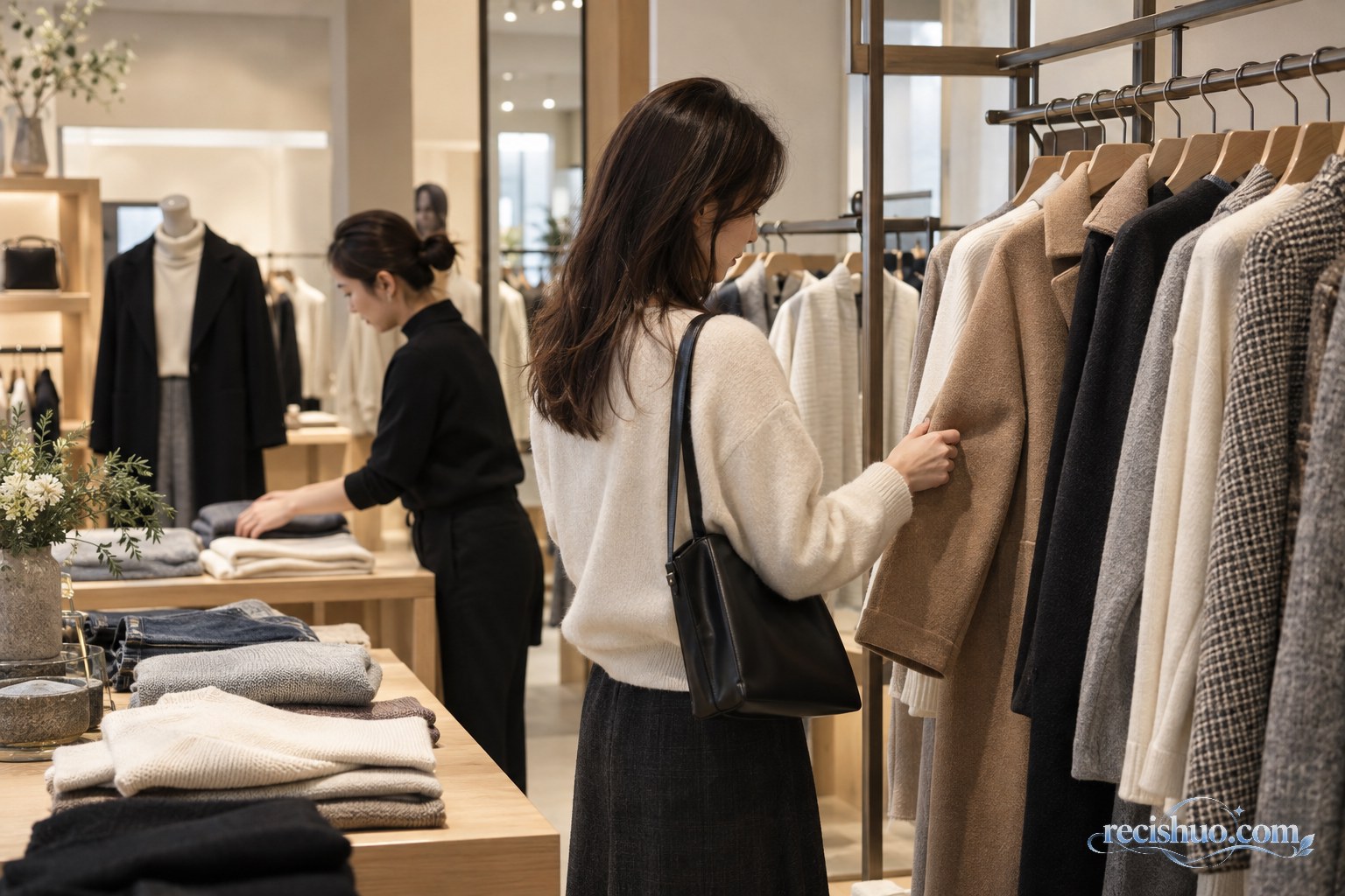 女装门店中顾客触摸外套面料并比较不同款式的购物场景
