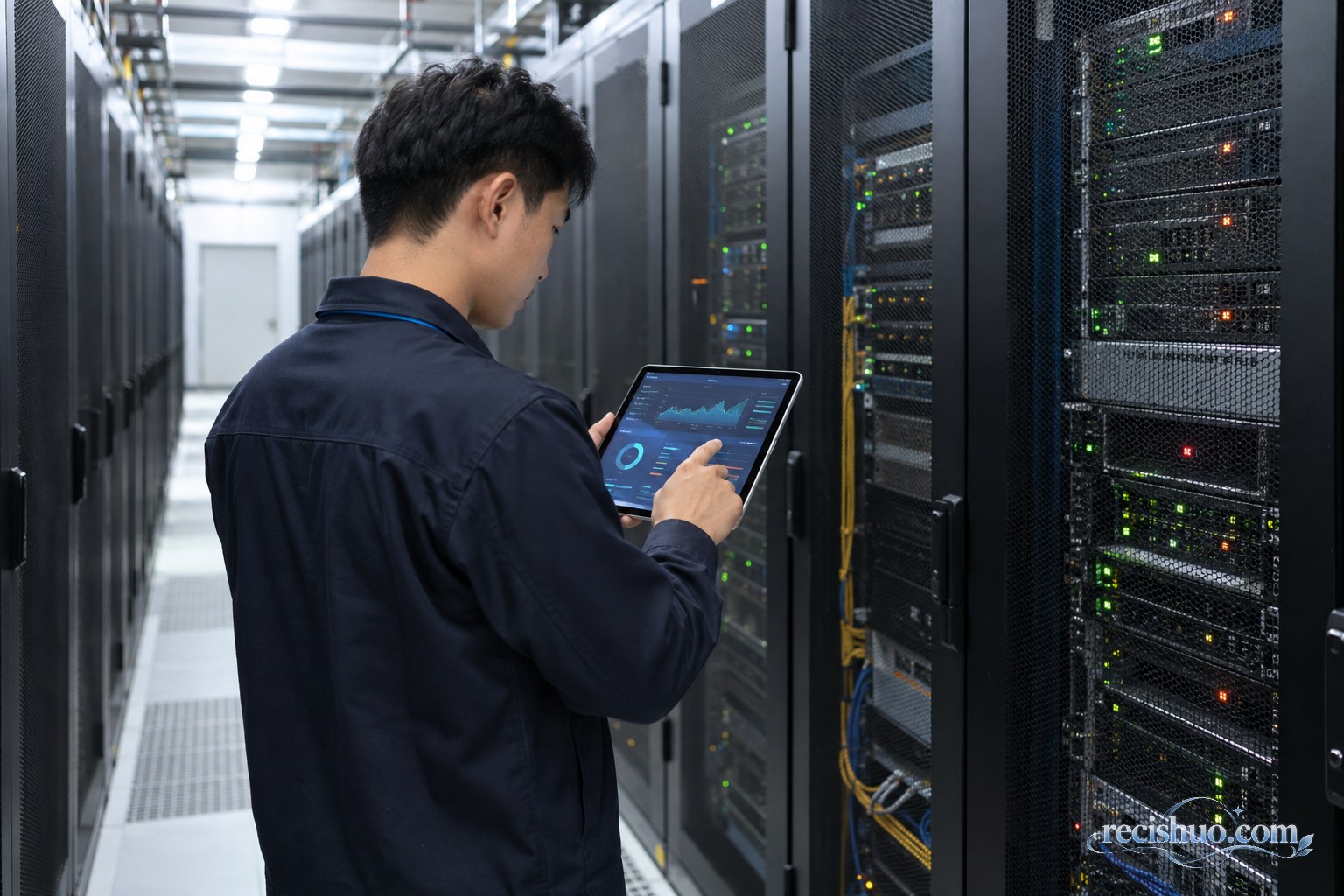 运维工程师在服务器机房使用平板检查设备运行状态