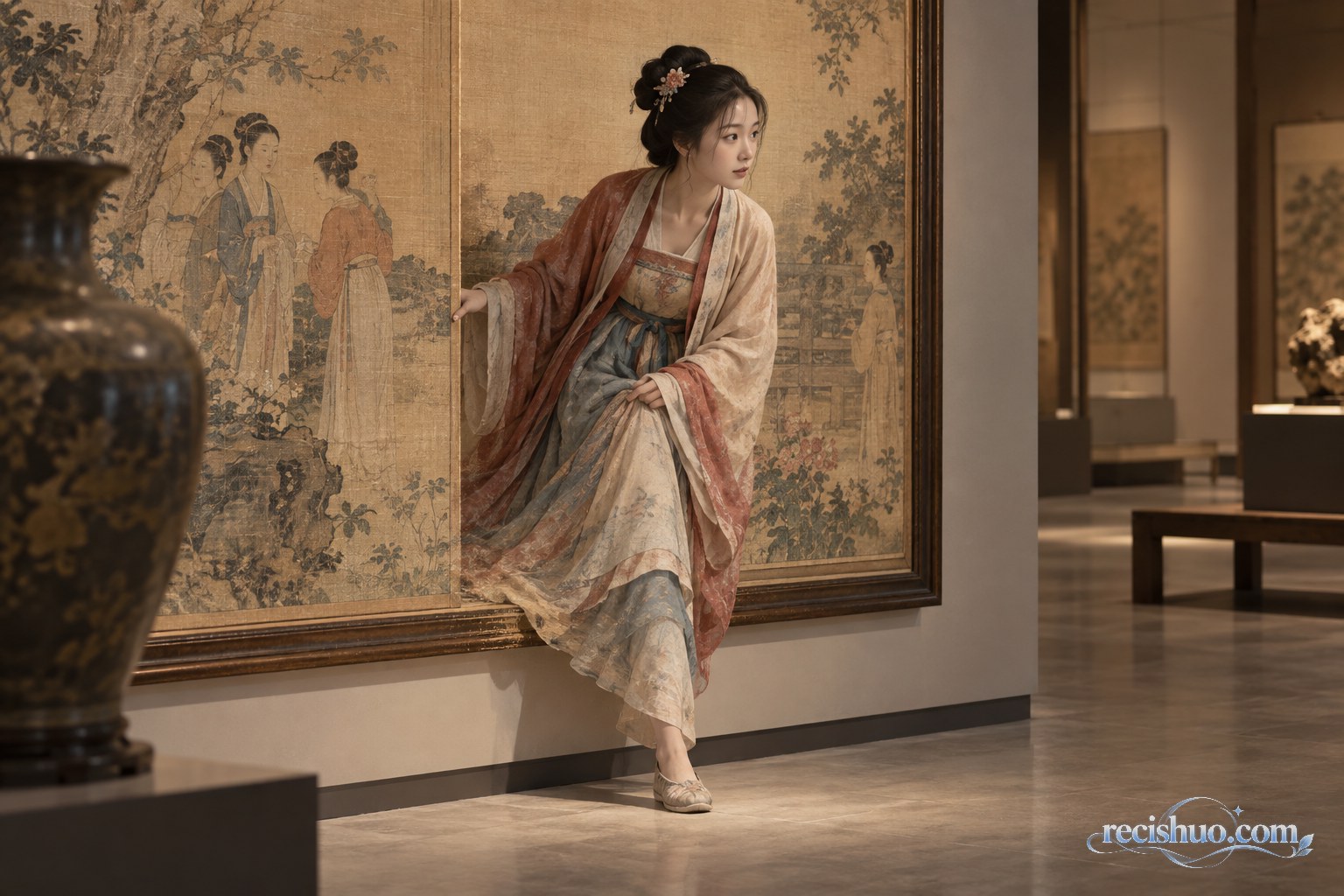 东方艺术展厅中,一位虚构的古代女子从绢本人物画里跨出画框