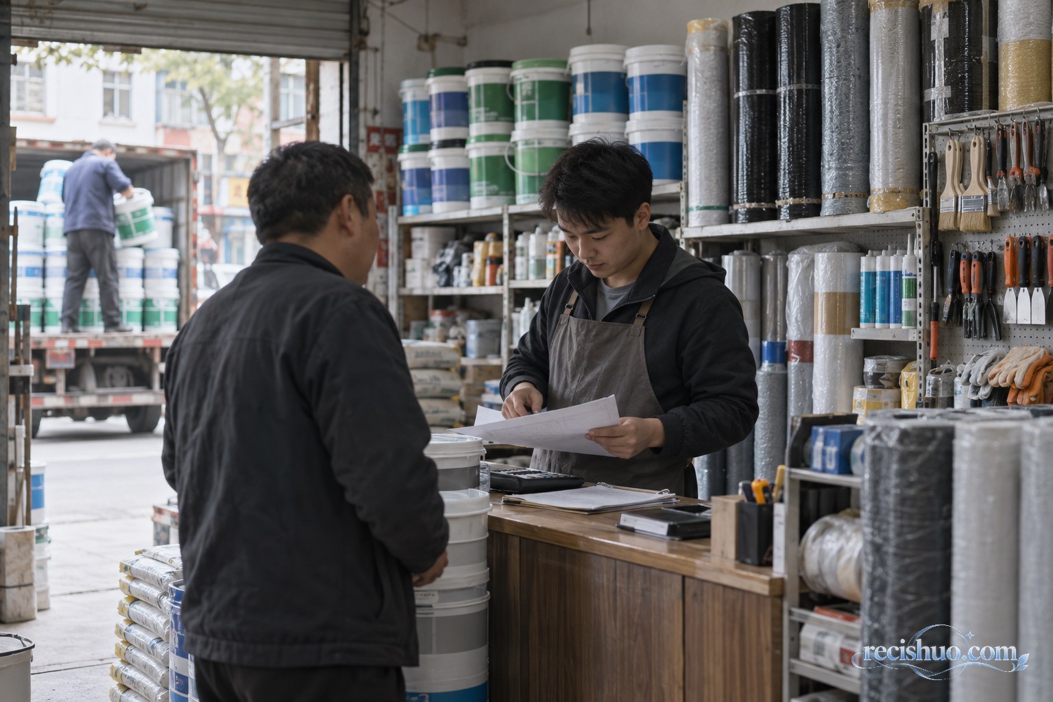 年轻经营者在小型建材门店核对货品并接待顾客