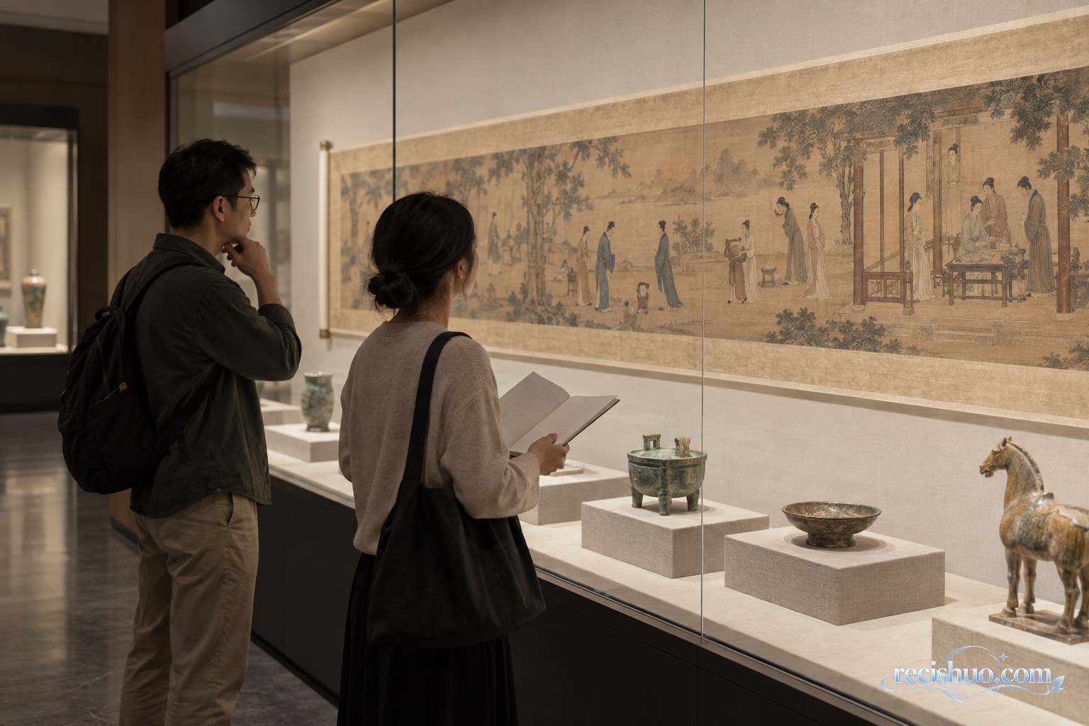 两位观众在博物馆展柜前观察虚构的古代人物长卷与器物