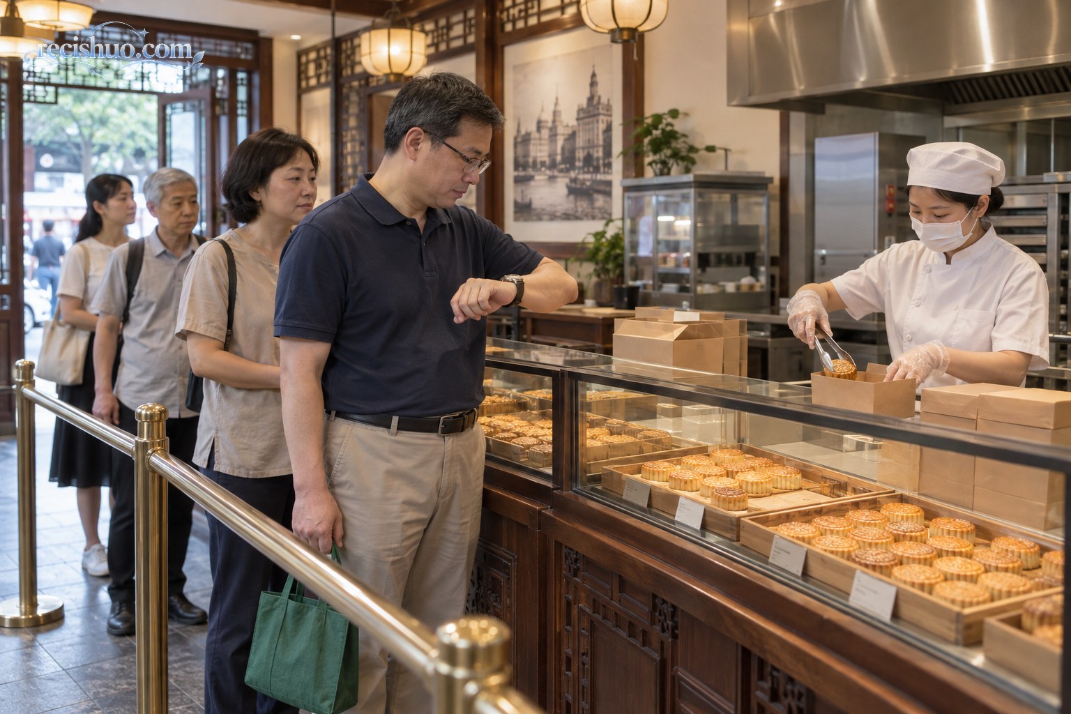 顾客查看时间并在传统食品店有序等候购买月饼