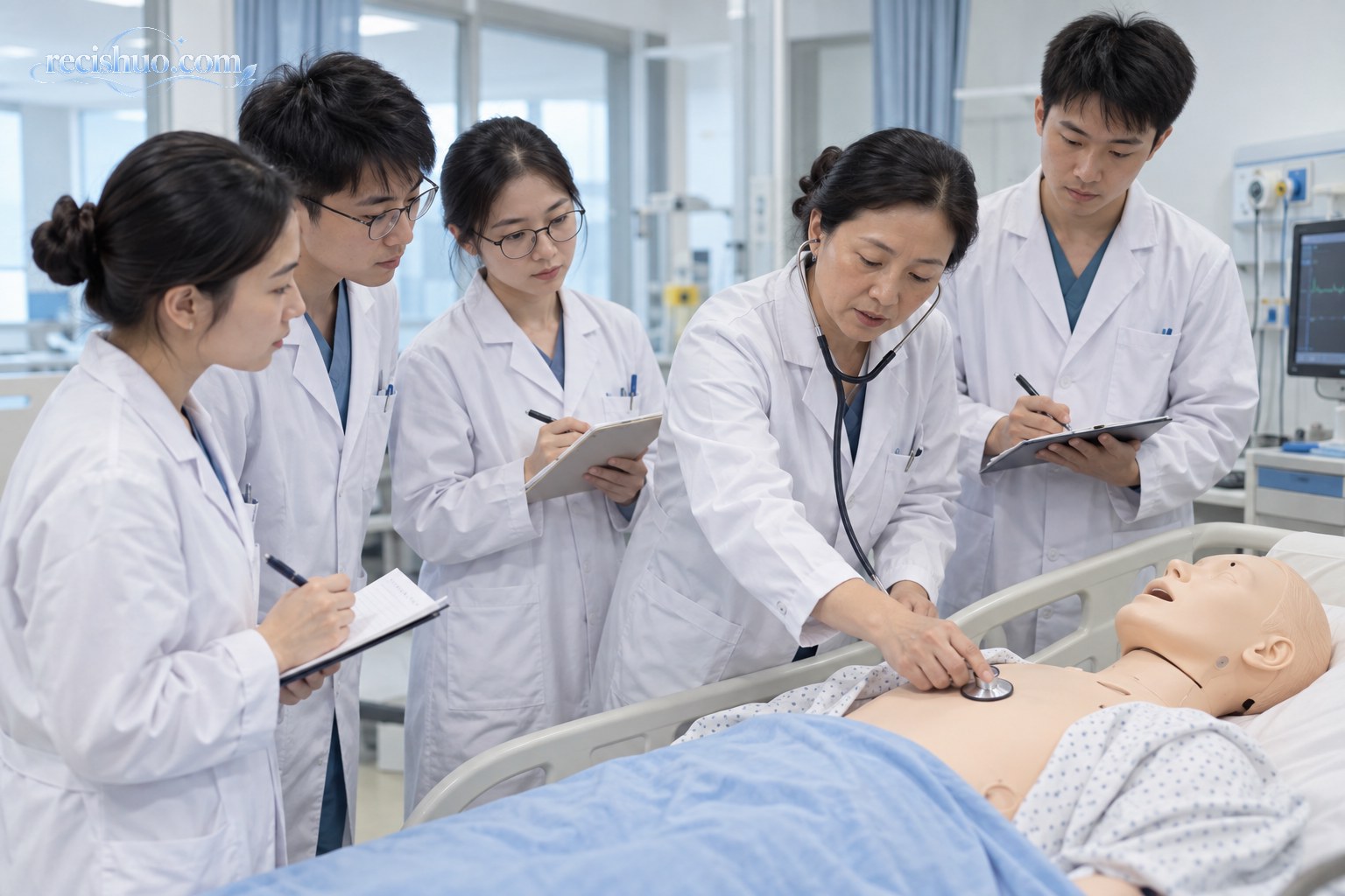 临床教师在模拟教室指导医学生开展基础检查训练