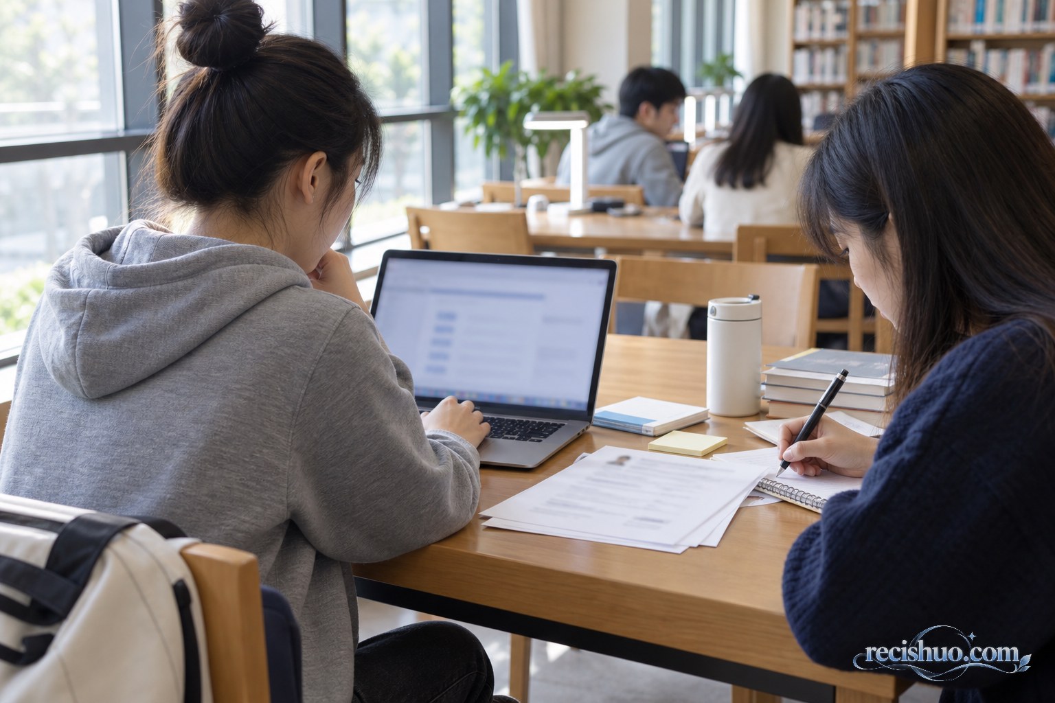 大学生在图书馆核对银行招聘岗位并整理网申材料