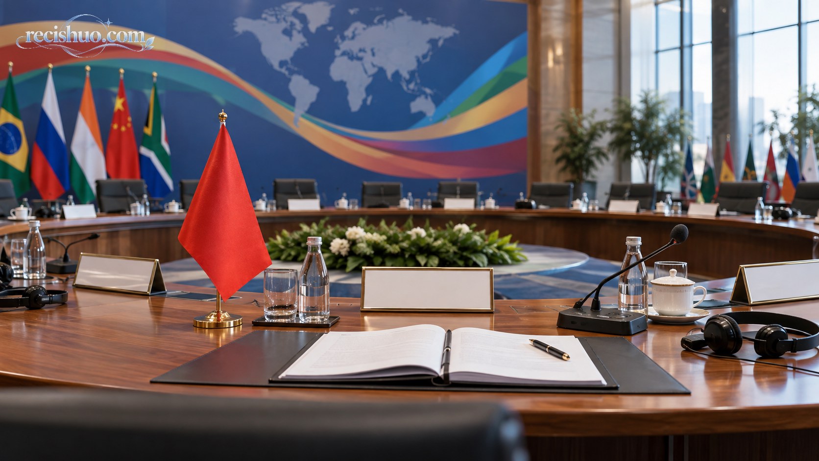 国际会议圆桌上摆放中国国旗、会议资料和同声传译设备