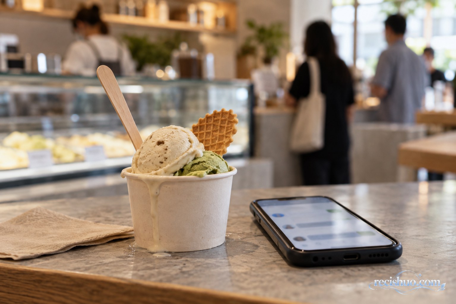 冰淇淋店柜台上的手工冰淇淋与显示模糊讨论界面的手机