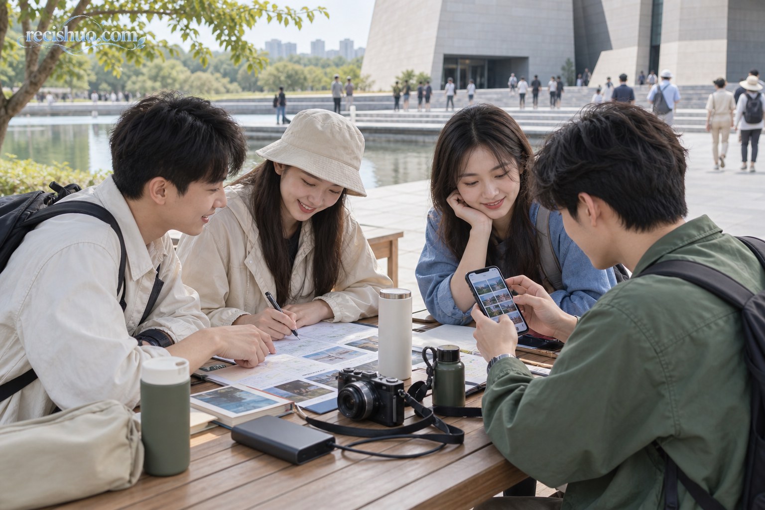 四名大学生在公共文化建筑旁整理行程并筛选旅行照片