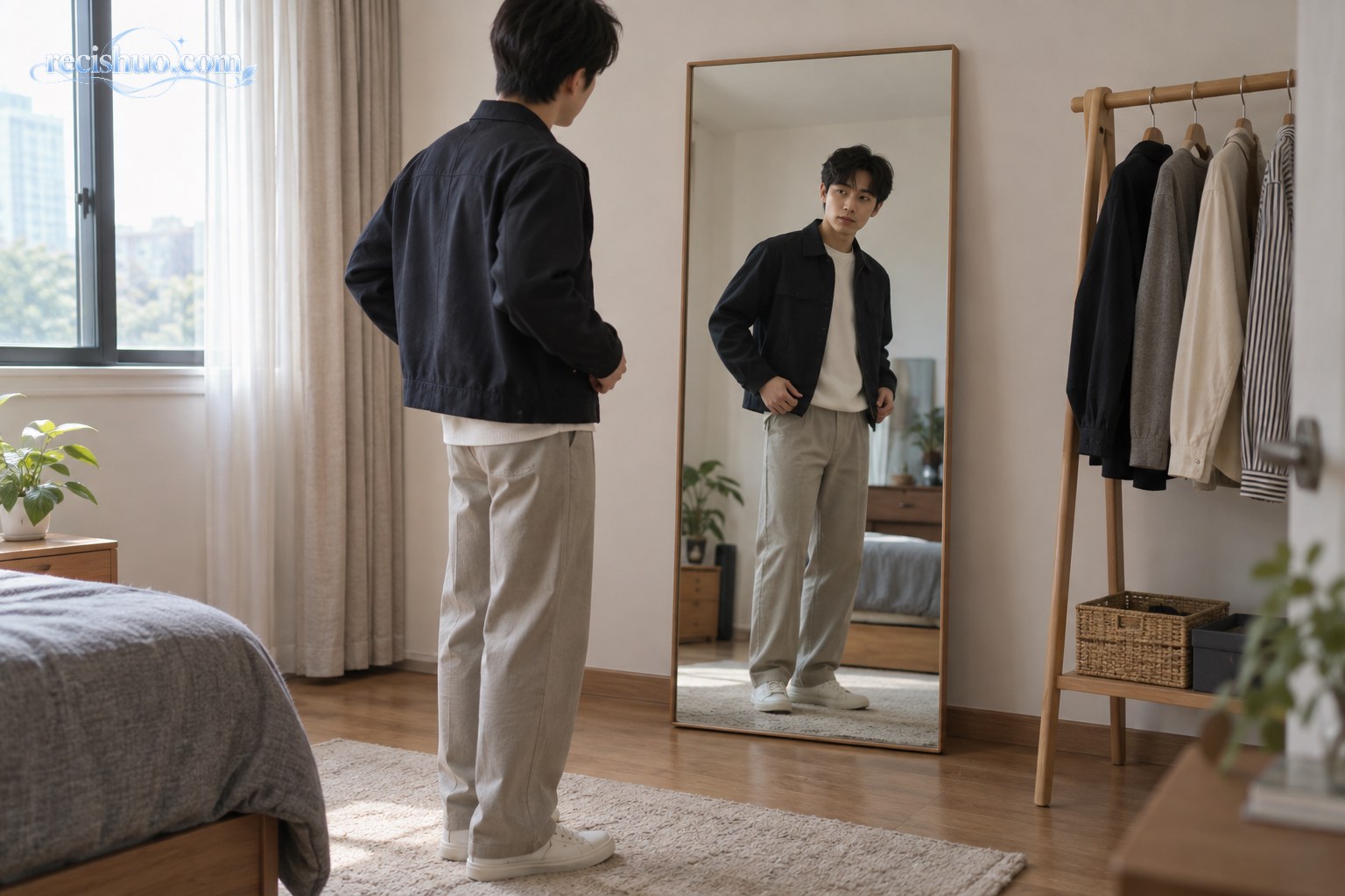年轻男子在卧室全身镜前检查短外套、内搭与直筒裤的整体比例