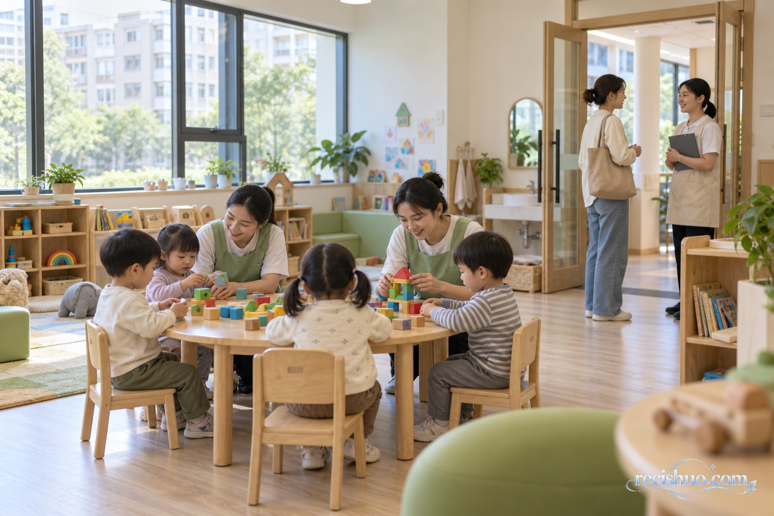 社区托育活动室内老师陪伴幼儿并与家长交流
