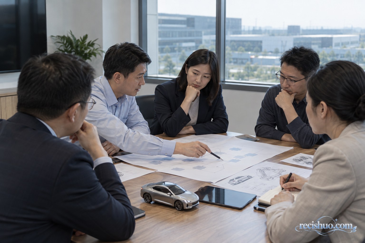 汽车与技术团队在会议室围绕流程图讨论合作分工