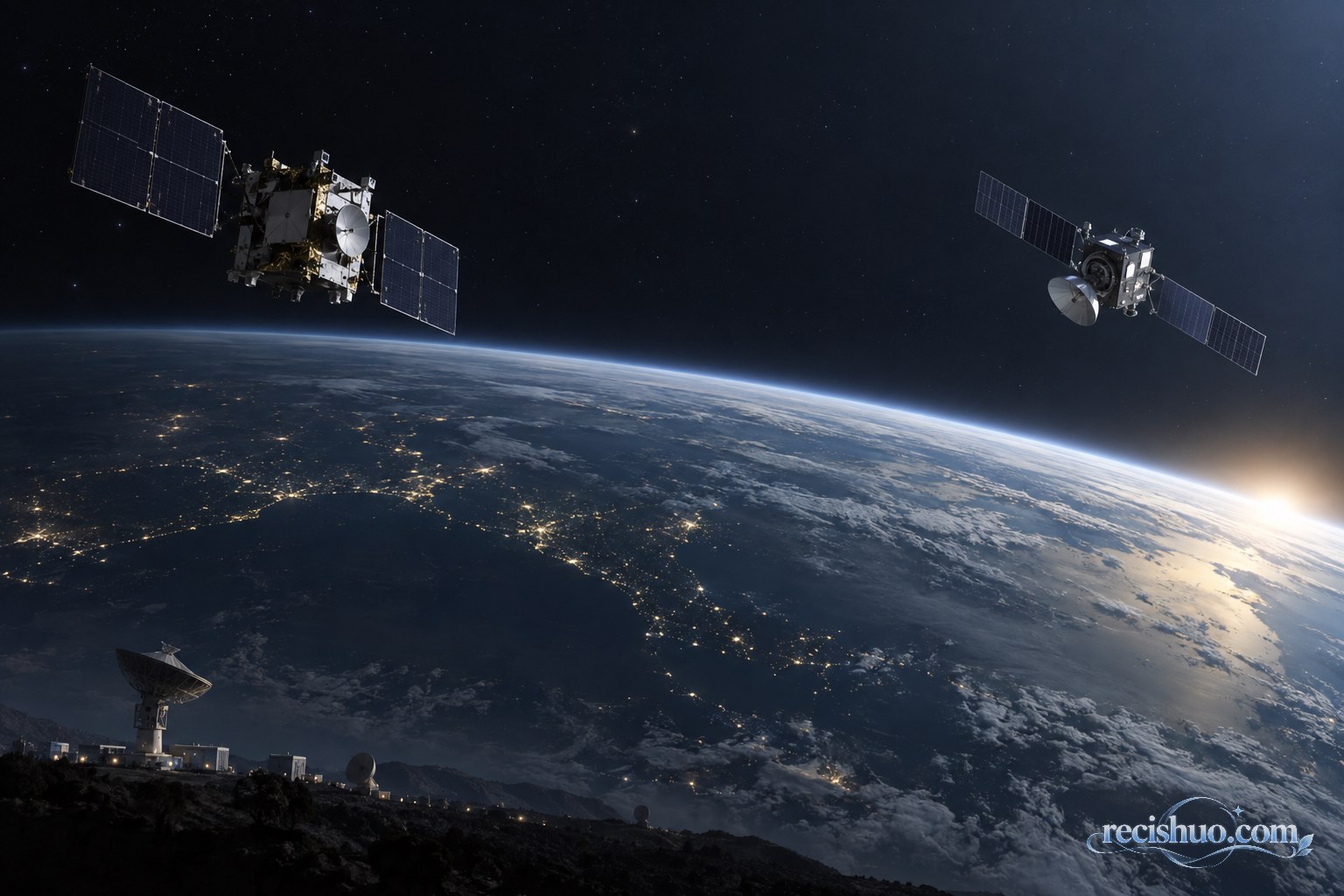 两颗无标识卫星在地球上空保持距离运行，地面设有测控天线