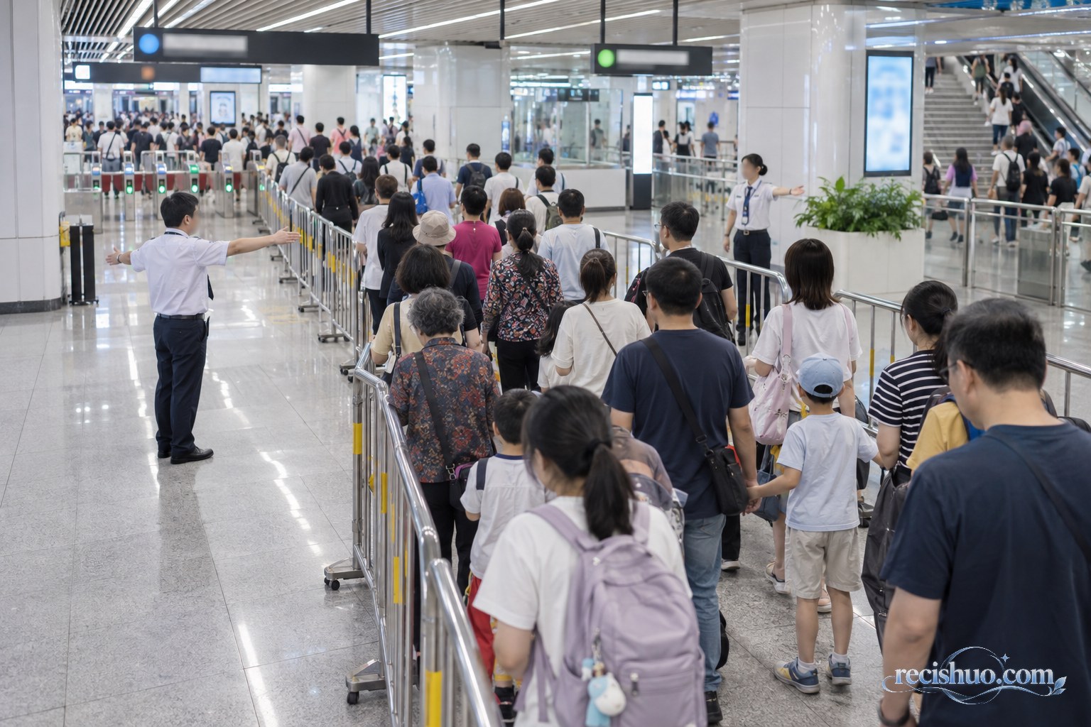 轨道交通站厅内乘客沿隔离栏有序排队，工作人员在闸机前引导客流