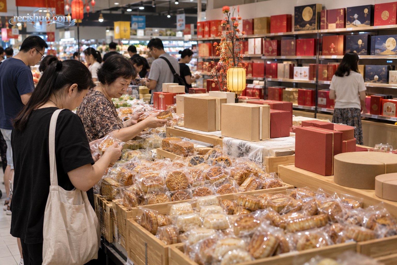中秋前夕消费者在超市挑选散装月饼,精装礼盒区相对冷清
