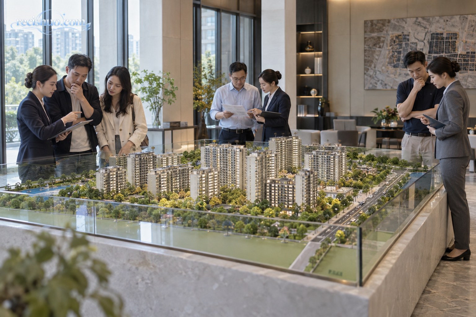 多组看房者在售楼处分别咨询并观察住宅沙盘