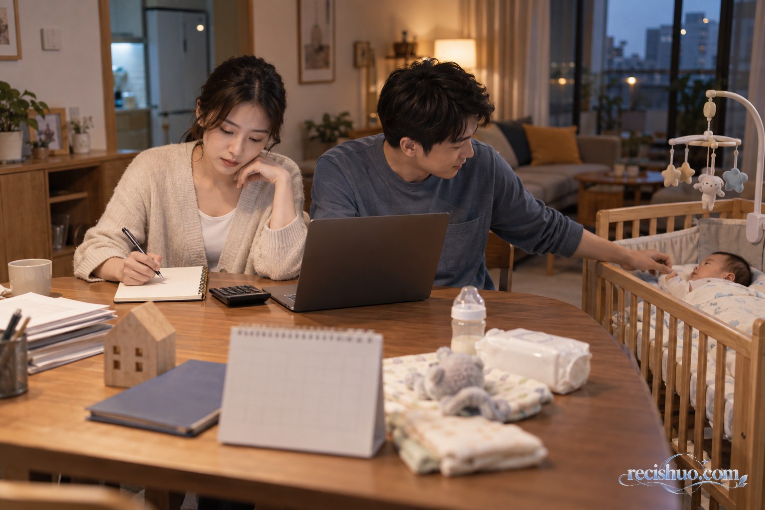 年轻夫妻在家中一边照看婴儿一边核算育儿安排与家庭预算