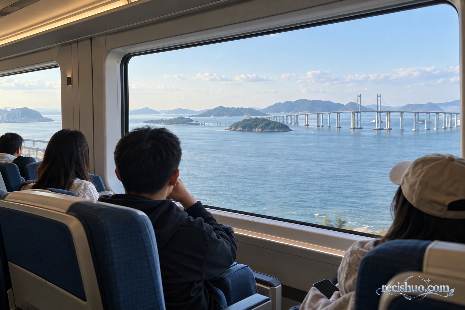 乘客坐在市域列车车厢内，透过宽大车窗眺望海湾、岛屿与跨海桥梁