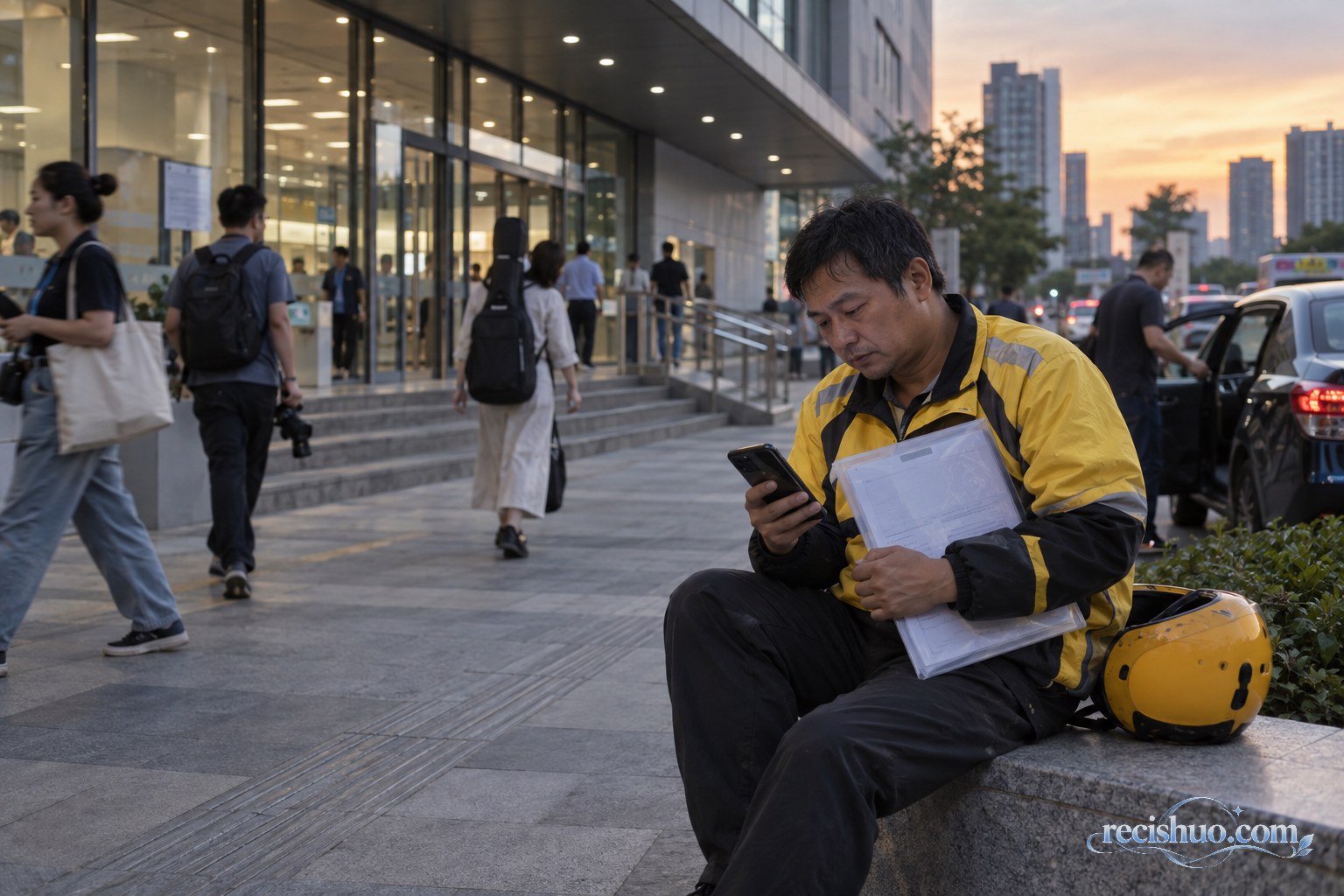 傍晚时分,一名外卖配送员在城市公共服务中心外查看手机并整理材料