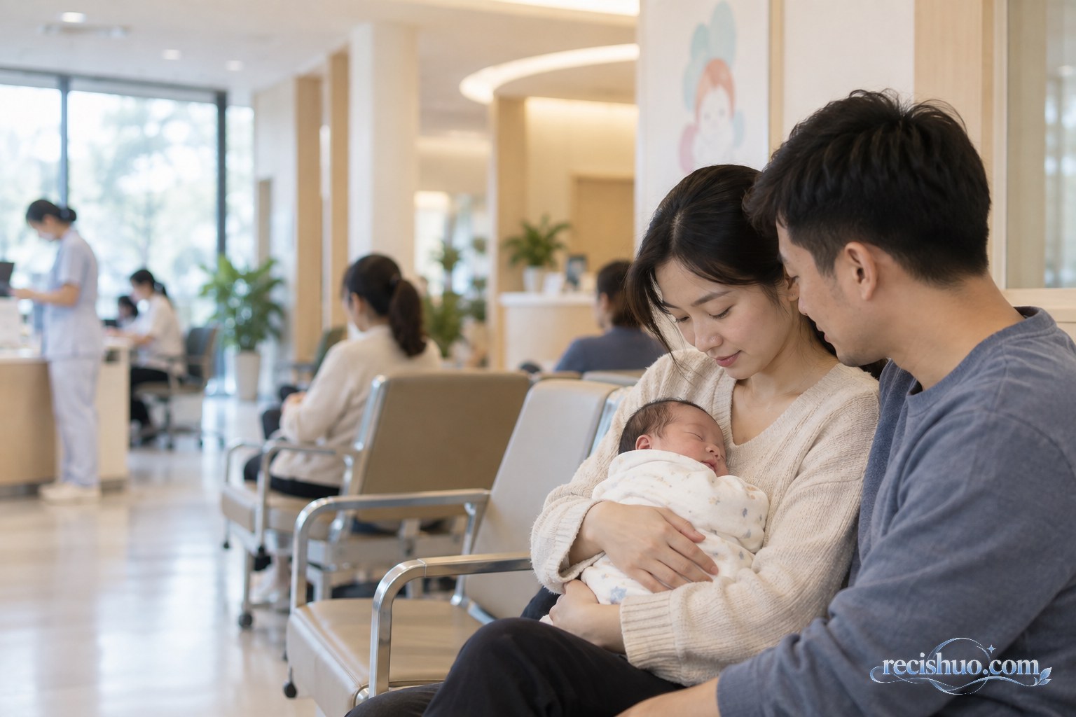 年轻父母在社区妇幼健康服务中心抱着熟睡的新生儿