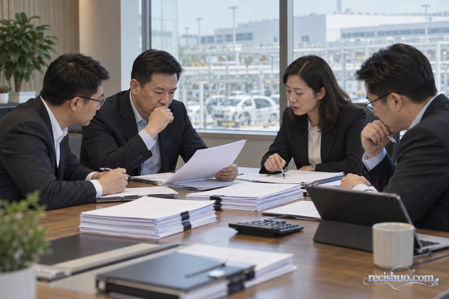汽车工厂附近会议室内管理人员审阅交易文件