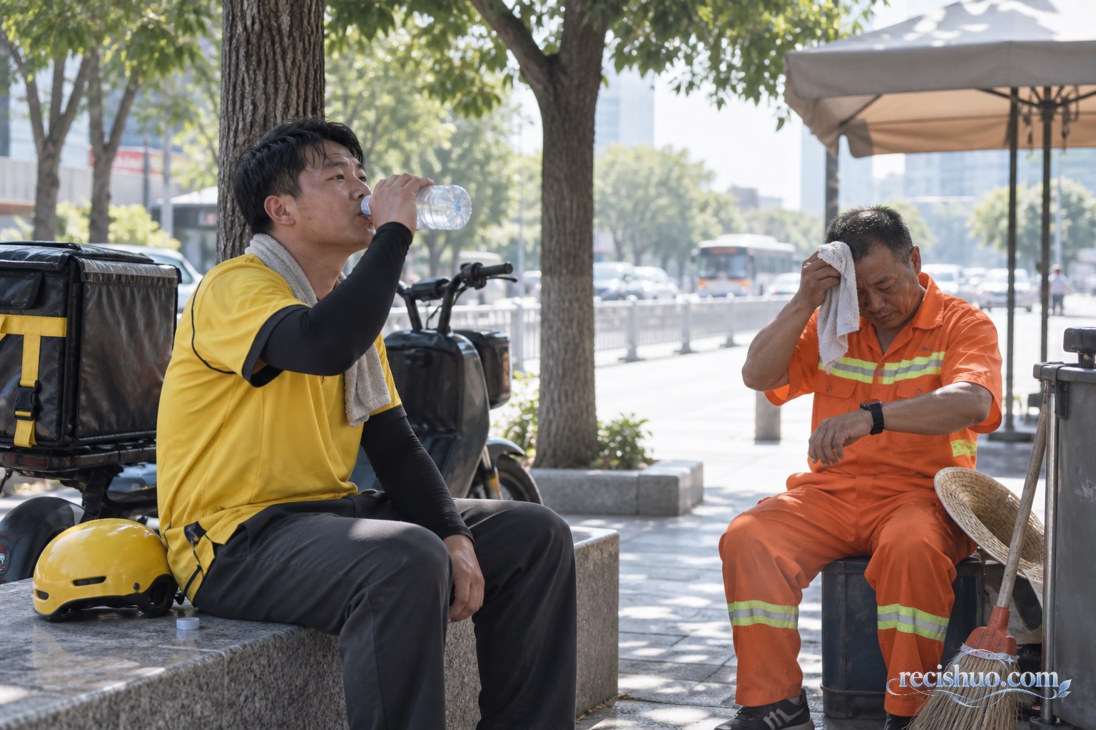 户外劳动者在树荫下暂停工作并饮水擦汗