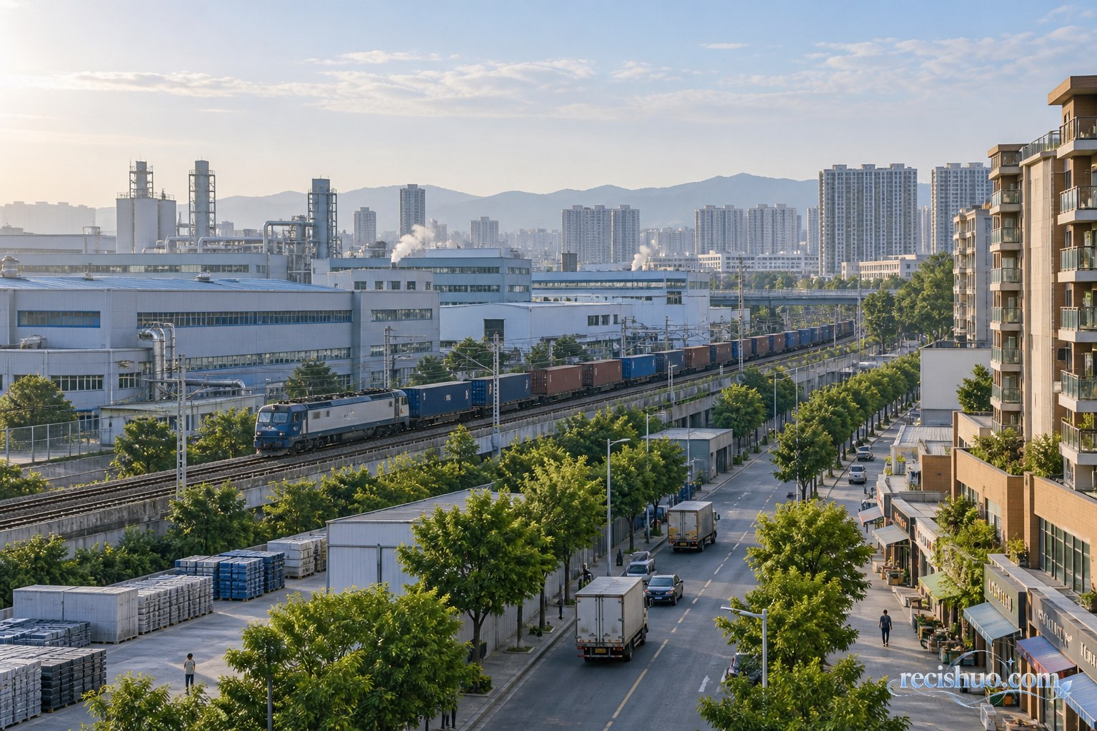 城市制造区、货运列车、住宅与沿街商业共同构成的平稳经济运行场景