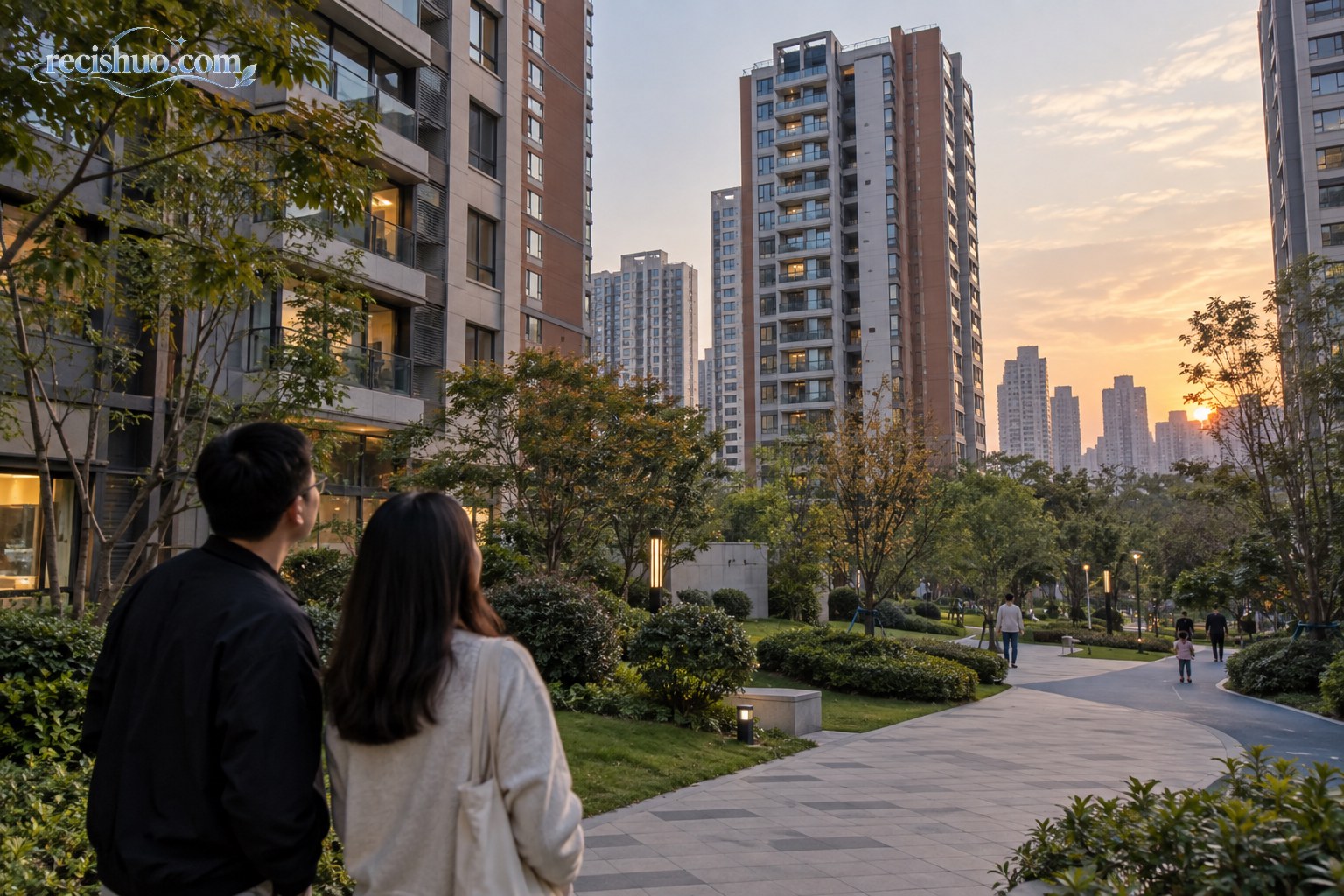 傍晚时分两名购房者在城市住宅社区内观察楼栋与居住环境