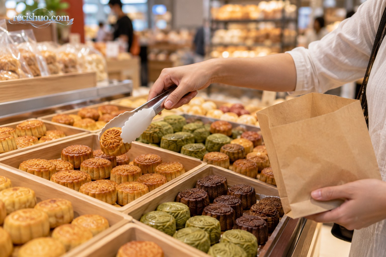消费者在超市散装柜台用食品夹按需挑选月饼