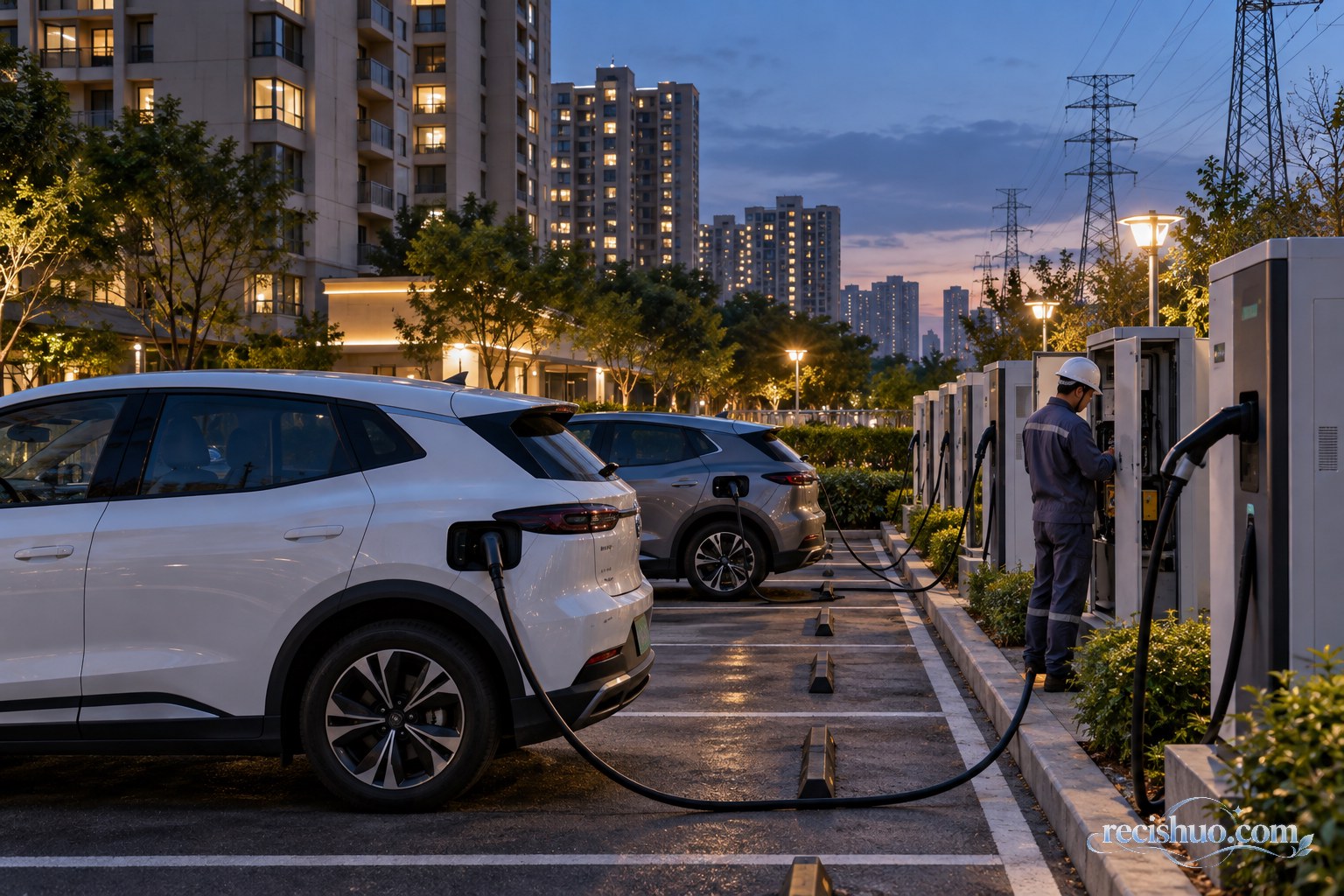 傍晚社区停车区内接受检查的双向充电设施与电动汽车