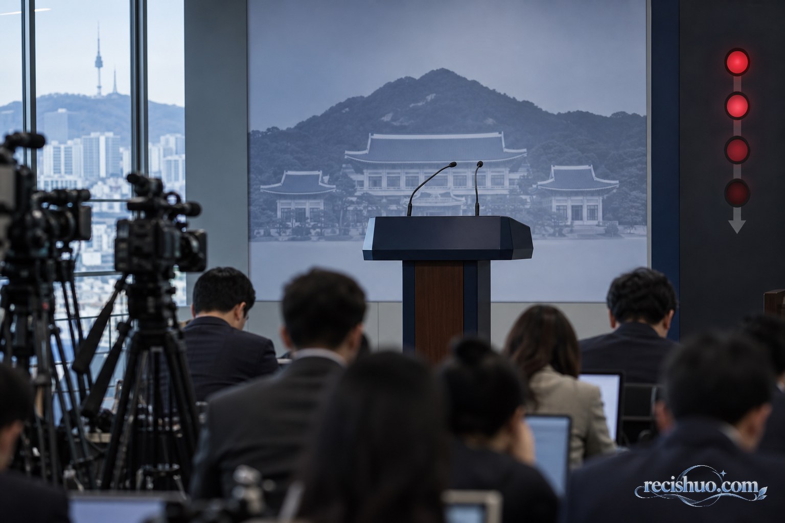 韩国政府发布厅内的空置讲台、媒体席与下降指示灯构成的新闻场景