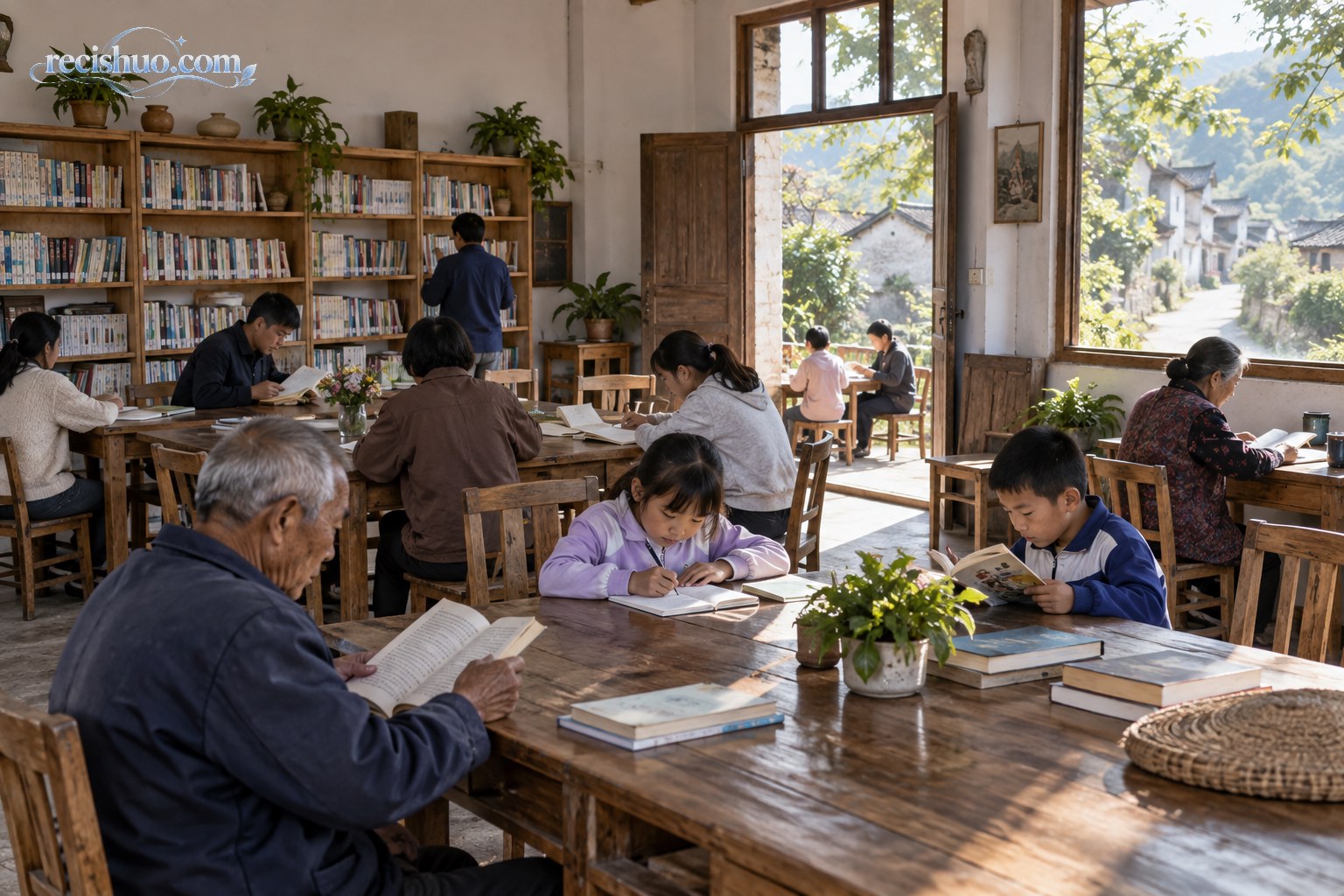 乡村公共阅览室内,不同年龄的村民和学生安静阅读学习