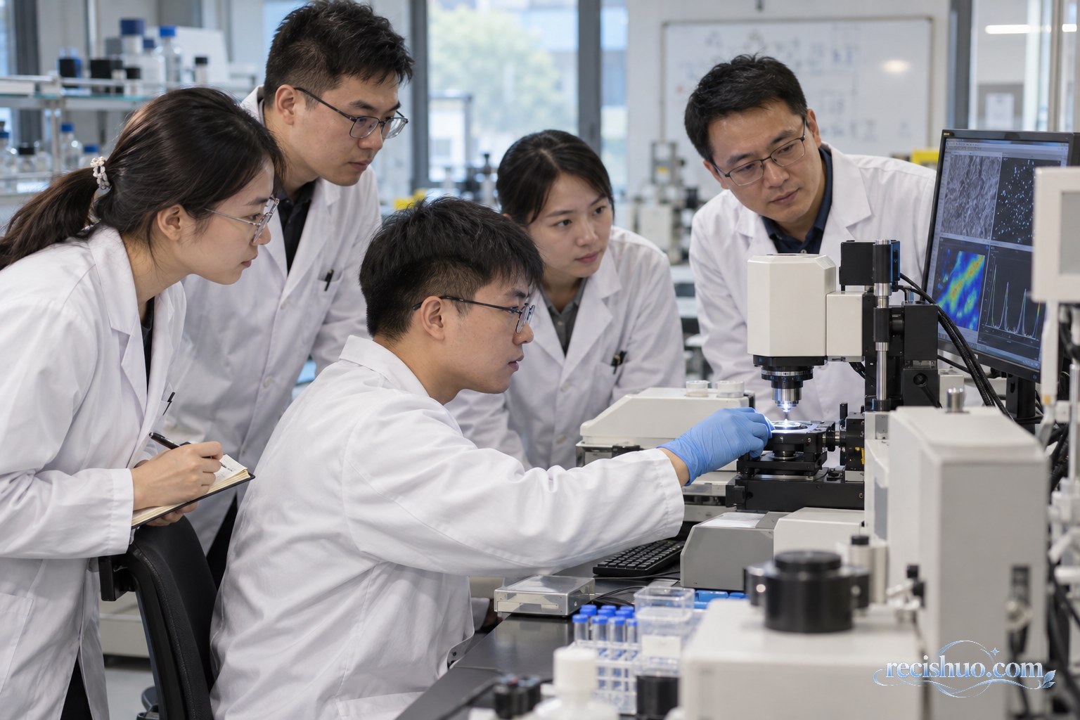 青年科研人员在实验室围绕精密仪器协同研究