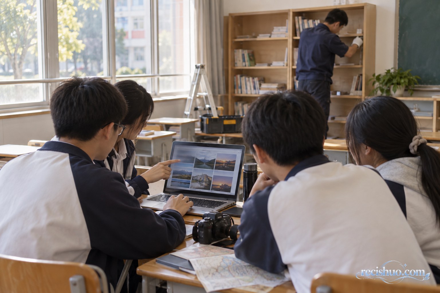 学生在教室交流旅行影像、工作人员维护书架的校园场景示意图