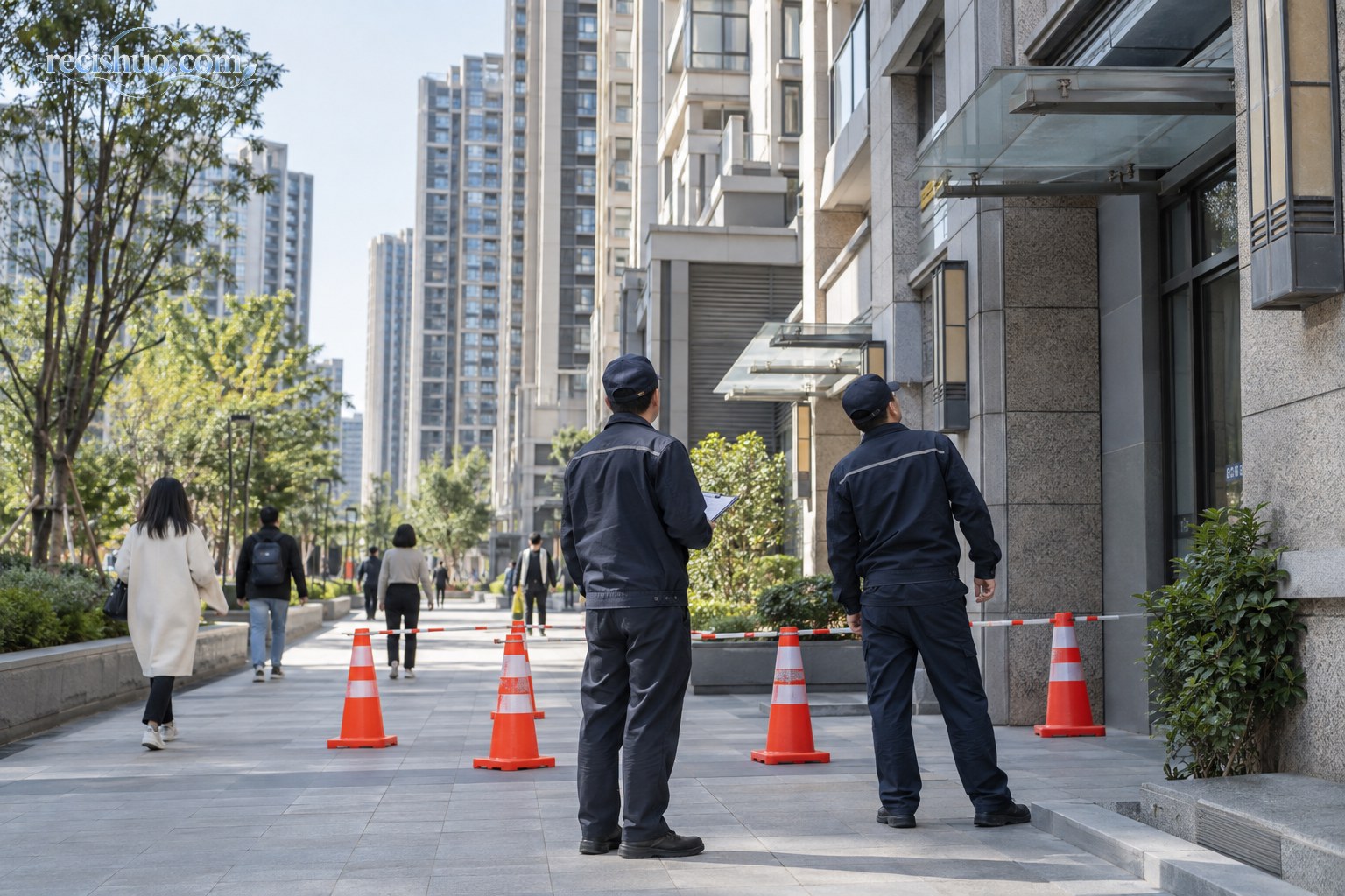 物业巡查人员在高层建筑下方检查外立面及公共通道安全状况