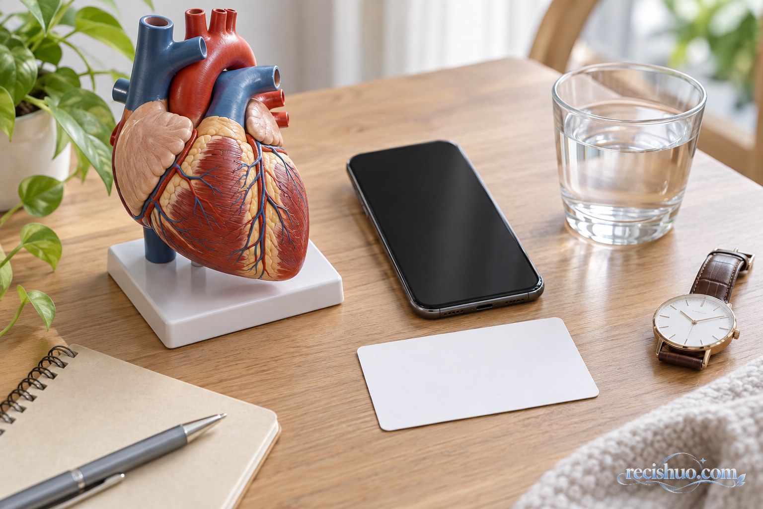 桌面上的心脏模型、手机、水杯和腕表组成心脏健康提醒场景