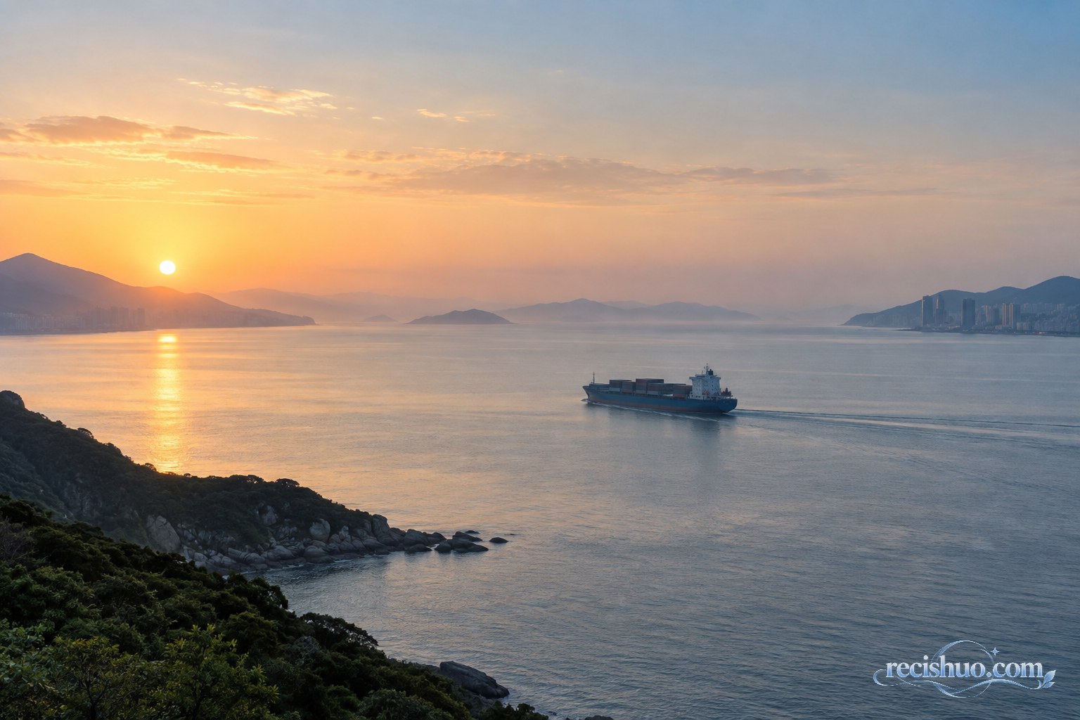 晨光下平静海峡中航行的民用货轮与两岸远景