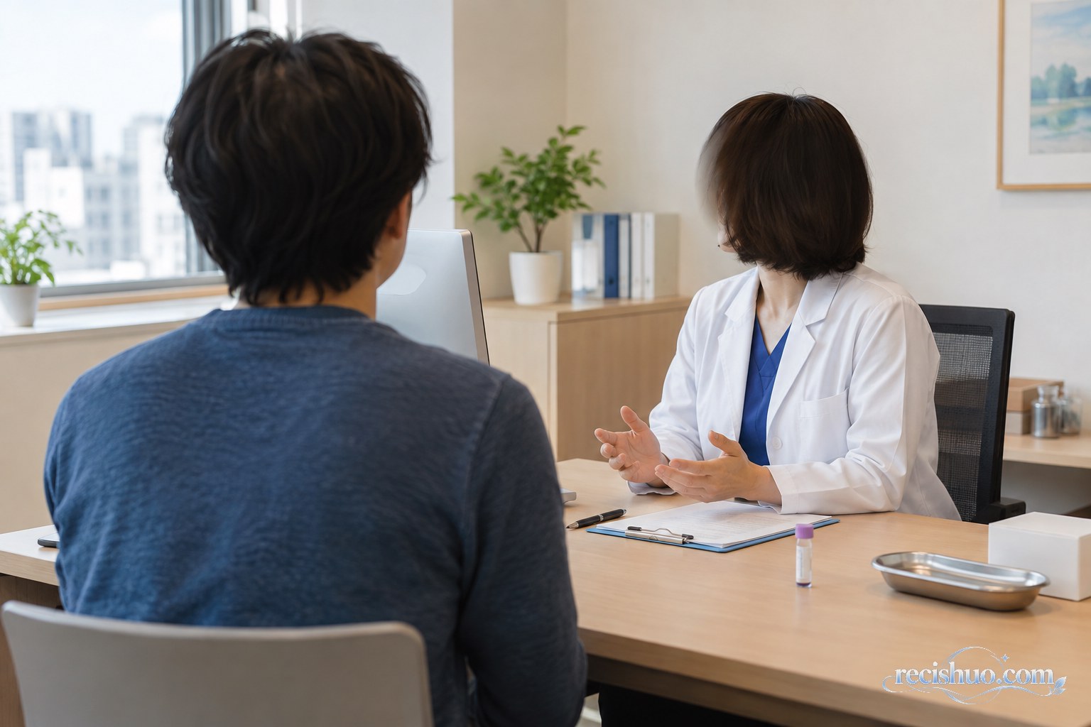 医生在独立诊室内与成年就诊者进行私密而平静的健康咨询