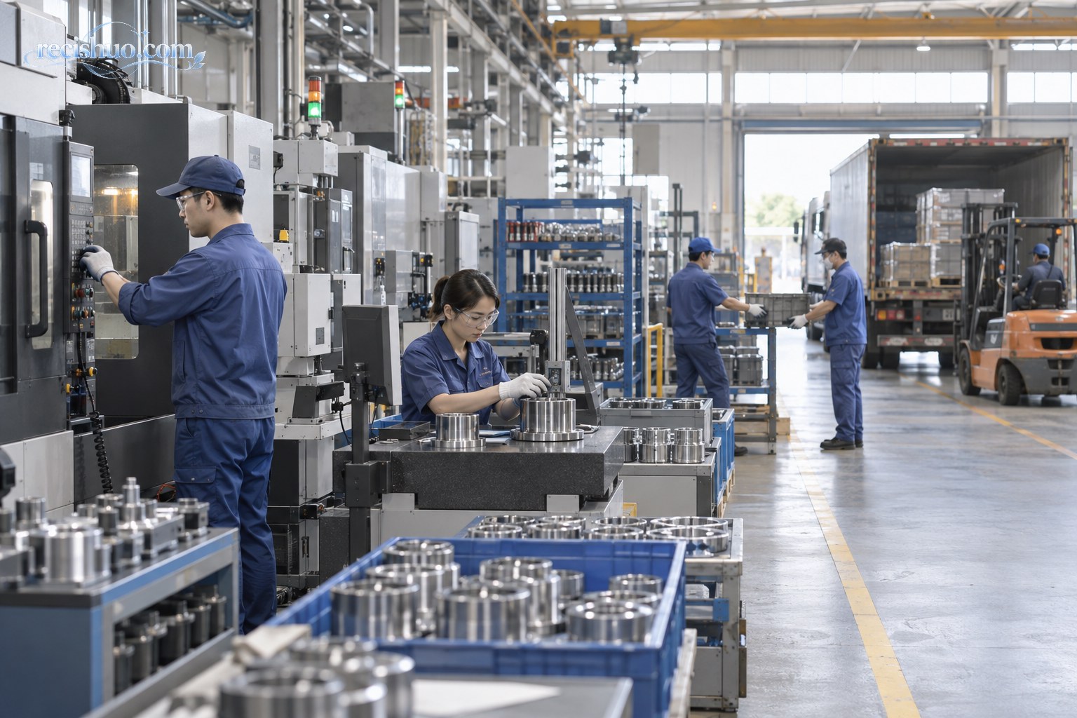现代零部件工厂内,技术人员分别进行设备调试、质量检测和物料交接