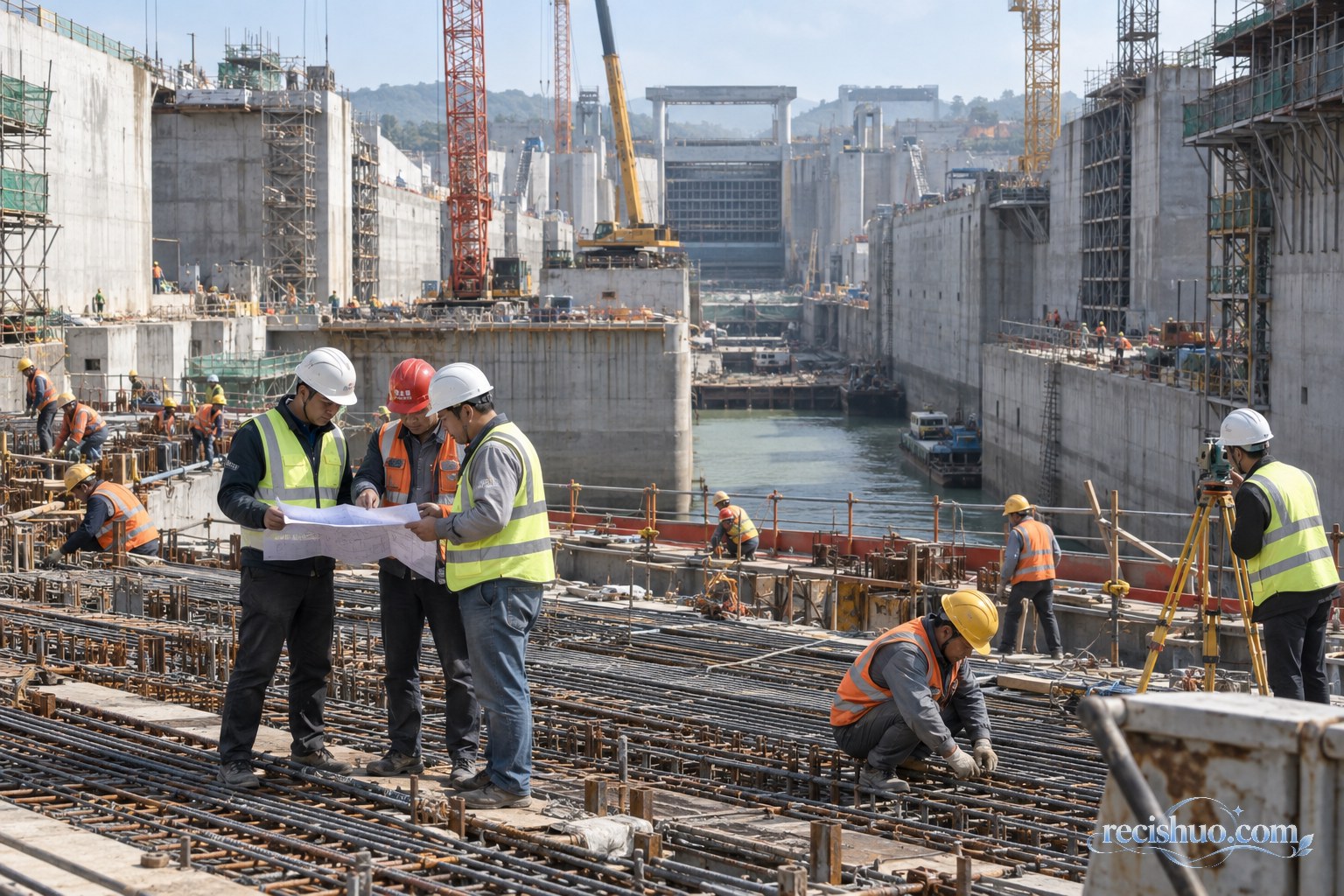 平陆运河建设场景示意，多名建设者在大型船闸工地协同作业