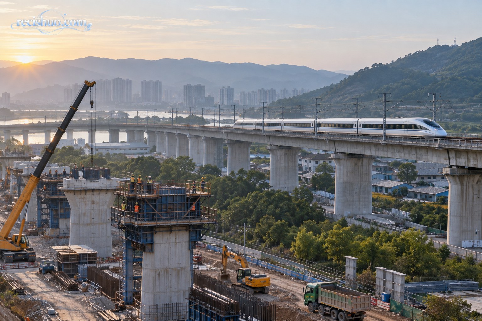高速列车驶过高架铁路,近处为正在建设的桥梁和施工设备